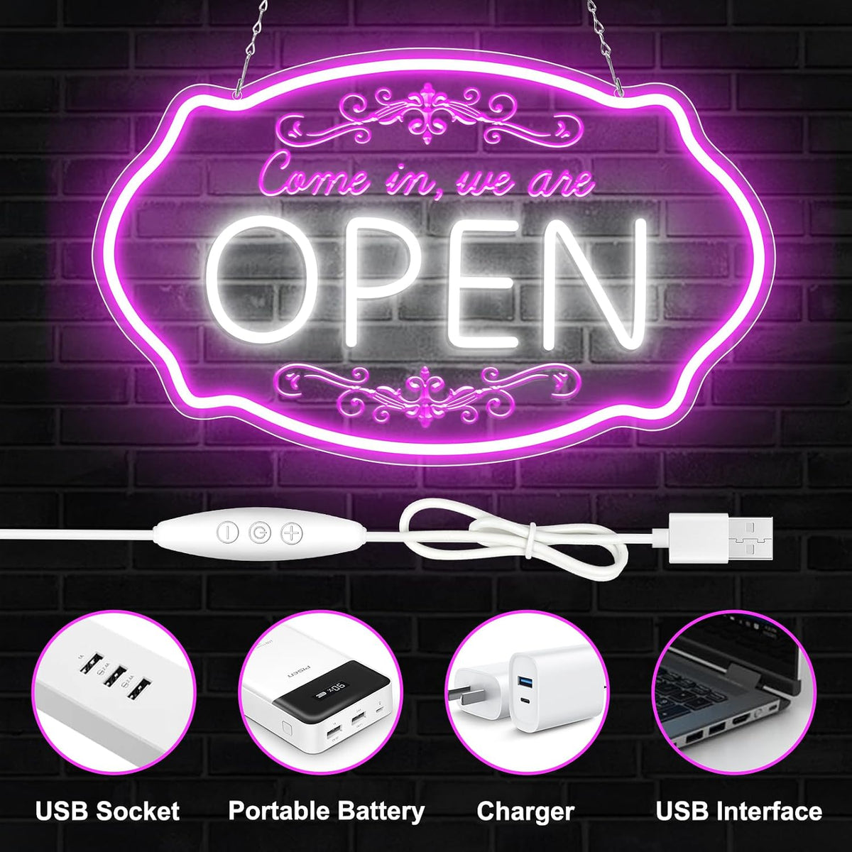 Come in We’re Open Silicone Neon Signs – Pink + White Glow | 16.5 × 10 inch | Window Hanging Business Sign | Plug & Play