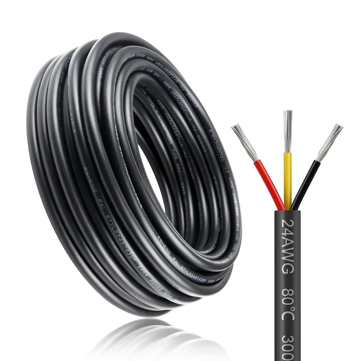 24 AWG Stranded Electrical Wire, 2/3/4/5 Conductor Multi-Core Cable, Black/White PVC Flexible Insulated Cord for Extension & Wiring —10/20/50m (33ft–165ft) Options