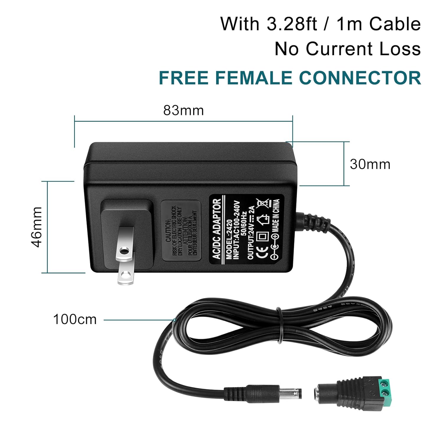 DC 24V Power Supply Adapter 48W–72W, AC 100–240V to 24V Switching Transformer, LED Driver Wall Plug Charger with US Plug, Black Case