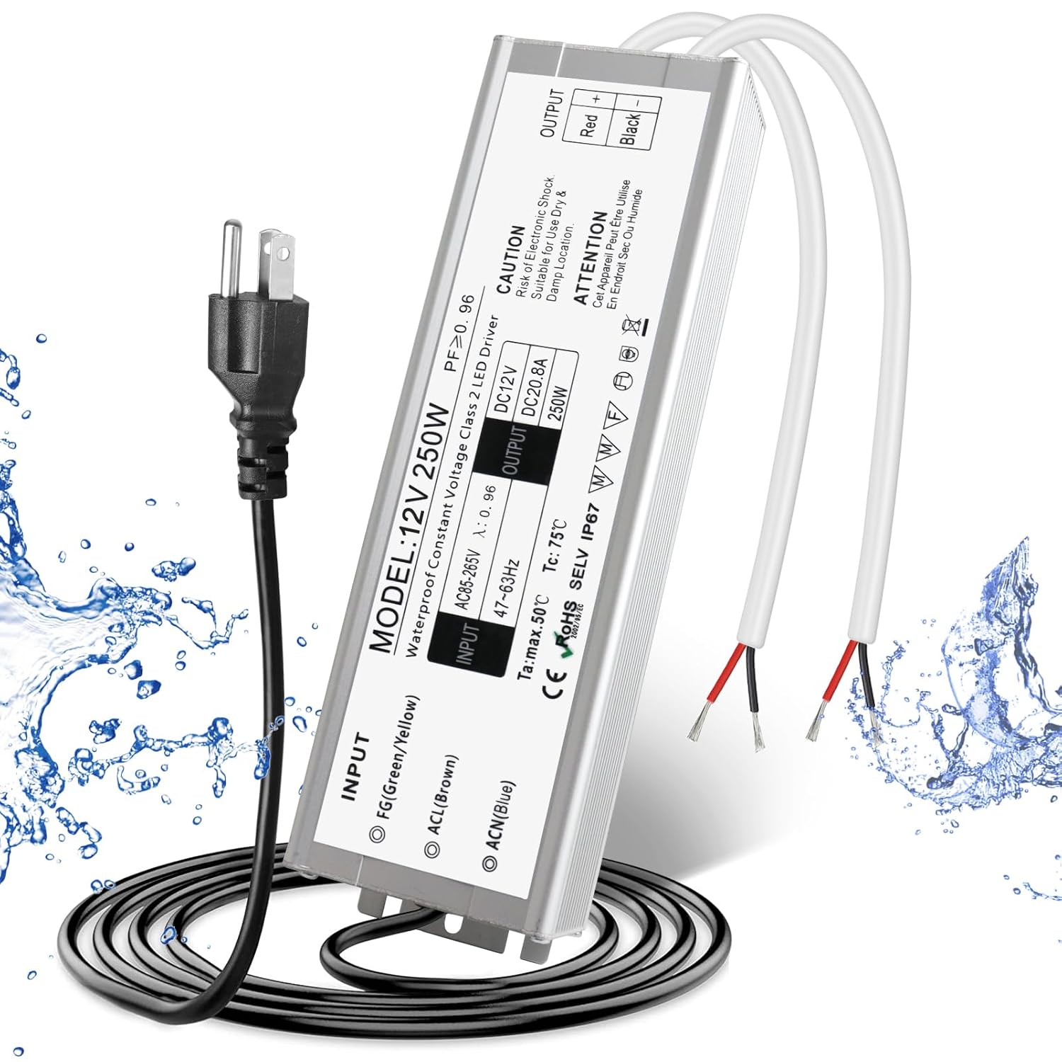 12V Waterproof LED Power Supply 30W–300W, 90–265V Input, Single/Dual Wire Output, Outdoor LED Driver, CE/RoHS/FCC —US/UK/EU Plug & Wire Leads Options