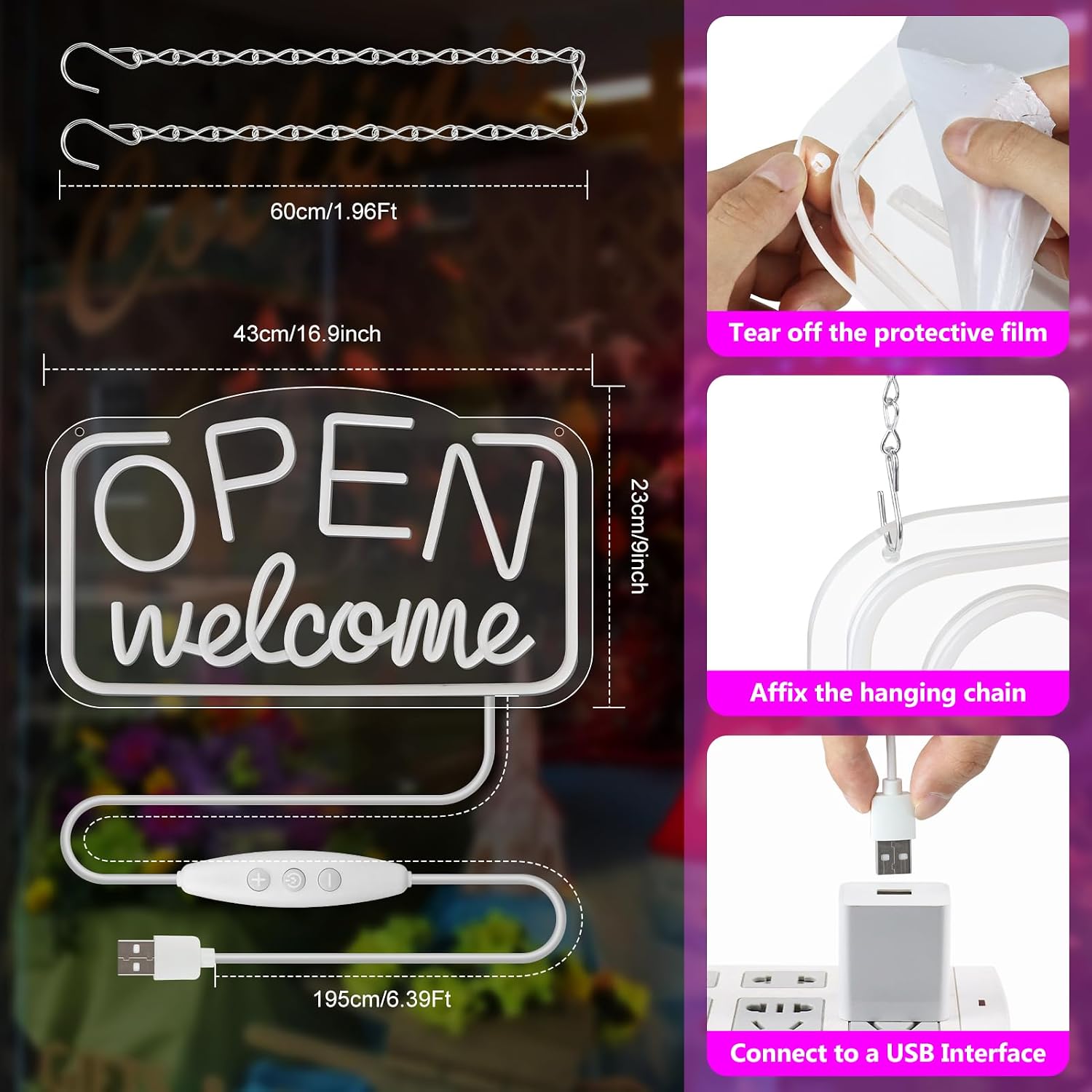 OPEN Welcome LED Silicone Neon Sign – 16×9 Inch (41×23 cm) Horizontal Style | USB Powered Pink, Blue & Yellow Glow Light for Storefront Window & Business Decor
