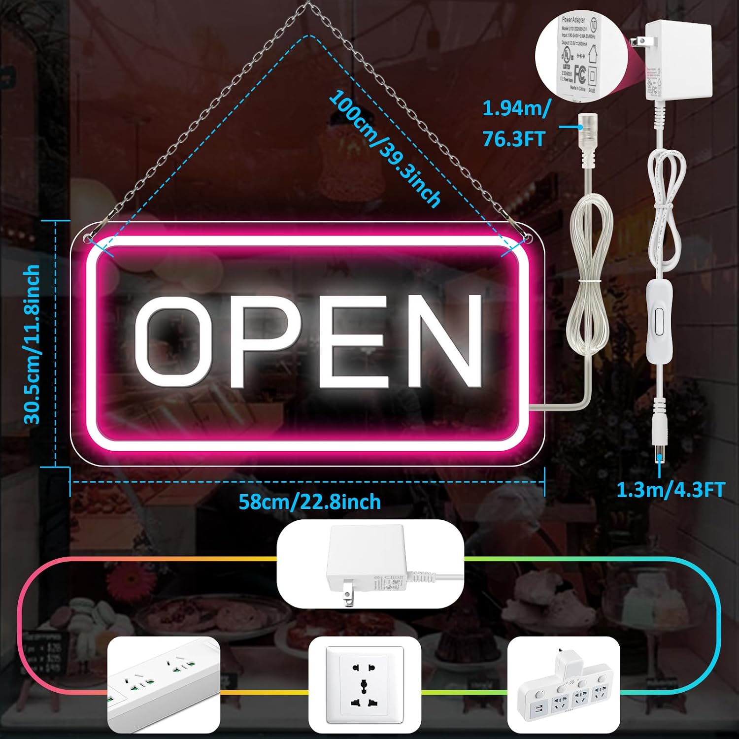OPEN COB LED Sign – 22.8×11.8 Inch | 12V Powered Pink & White Glow Light | Horizontal & Vertical Style with US Plug for Storefront & Business Decor