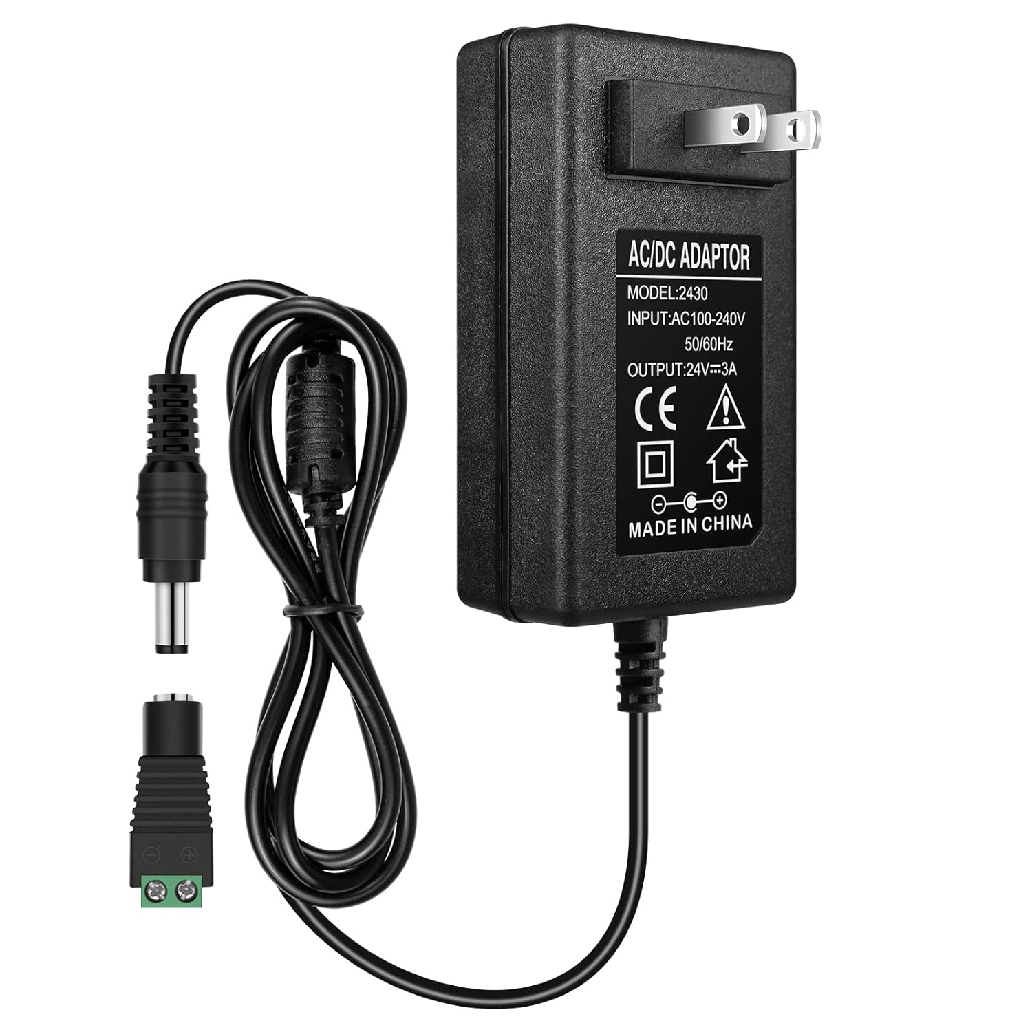 DC 24V Power Supply Adapter 48W–72W, AC 100–240V to 24V Switching Transformer, LED Driver Wall Plug Charger with US Plug, Black Case