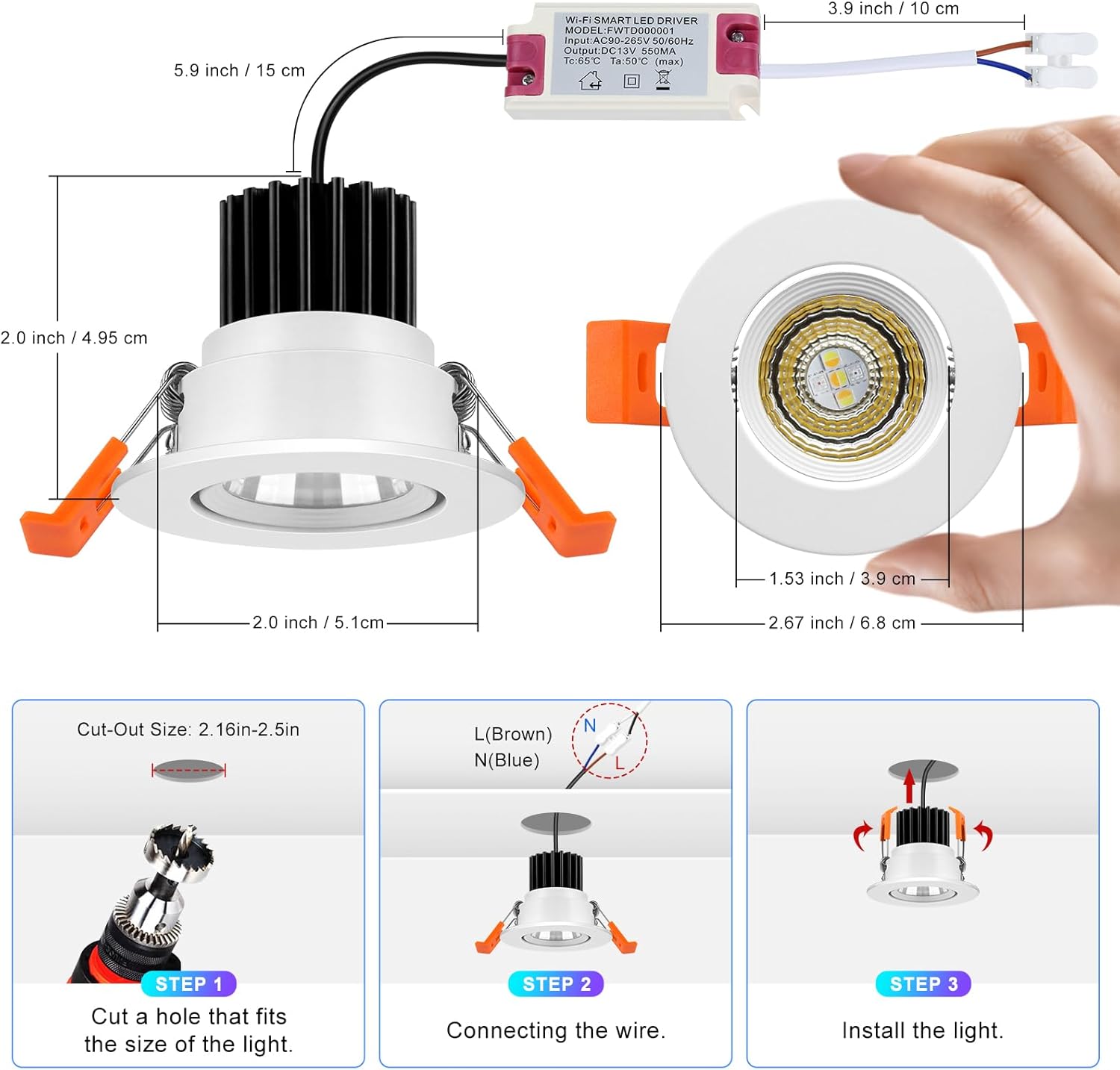 Smart COB WiFi Recessed Lighting | 2Inch 5W | Dimmable RGB & CCT 2700-6500K | 100–240V | White Housing | Compatible with Alexa and Google Home | 4 / 6 / 10 / 12-Pack