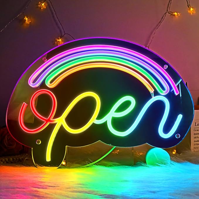 LED Open Neon Sign, Dimmable Open Signs for Business with ON/OFF Switch, 17"x12", 5V USB Powered Rainbow LED Neon Light Sign for Wall Decor, Shop, Bar, Home