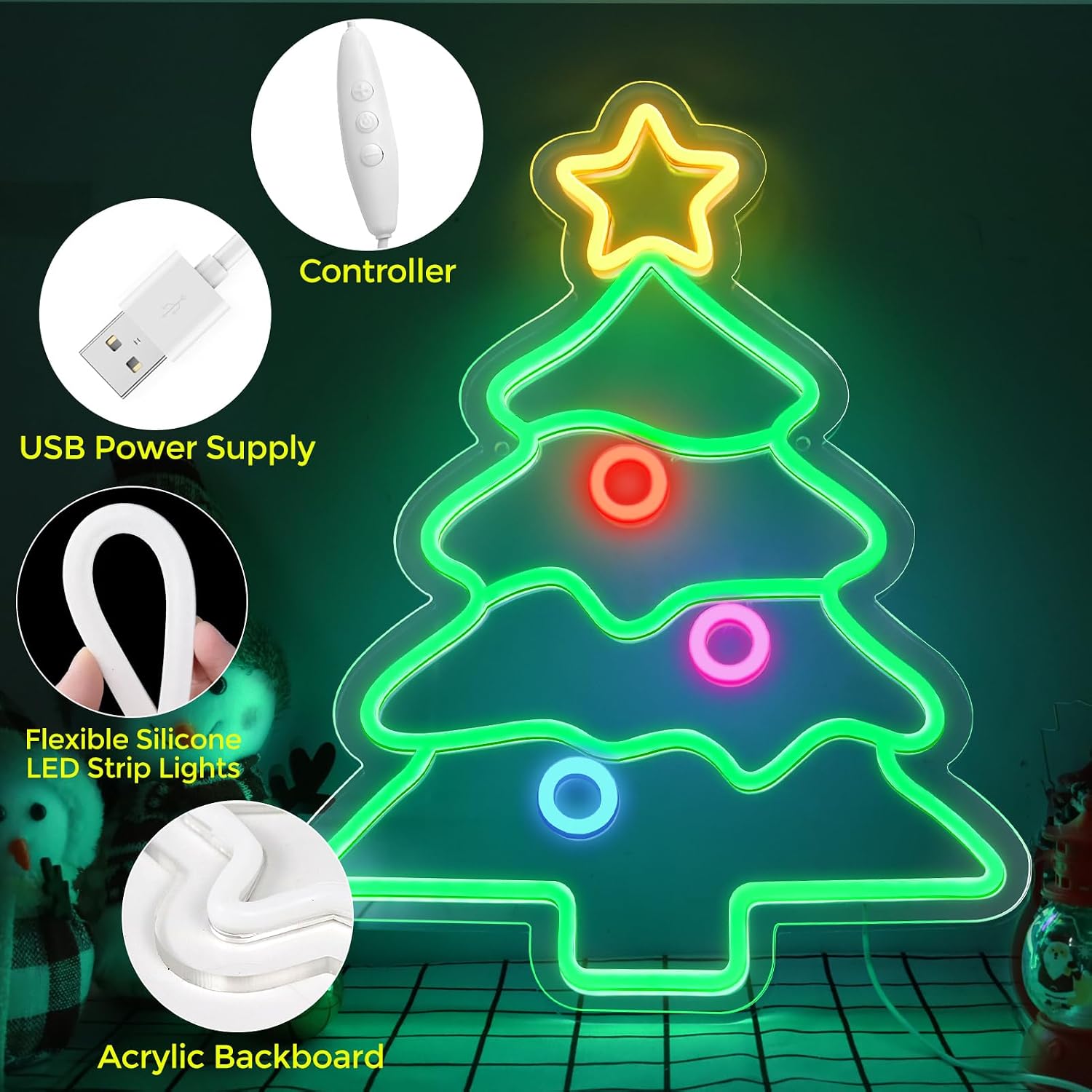 Good Vibes LED Sign – Christmas Tree Silicone Neon Sign – 18.5×14.17 Inch | USB Neon Light for Wall Decor | Dimmable Neon Lamp with Accessories Included | Hanging Holiday Decor for Christmas Party, Bedroom & Home Spaces