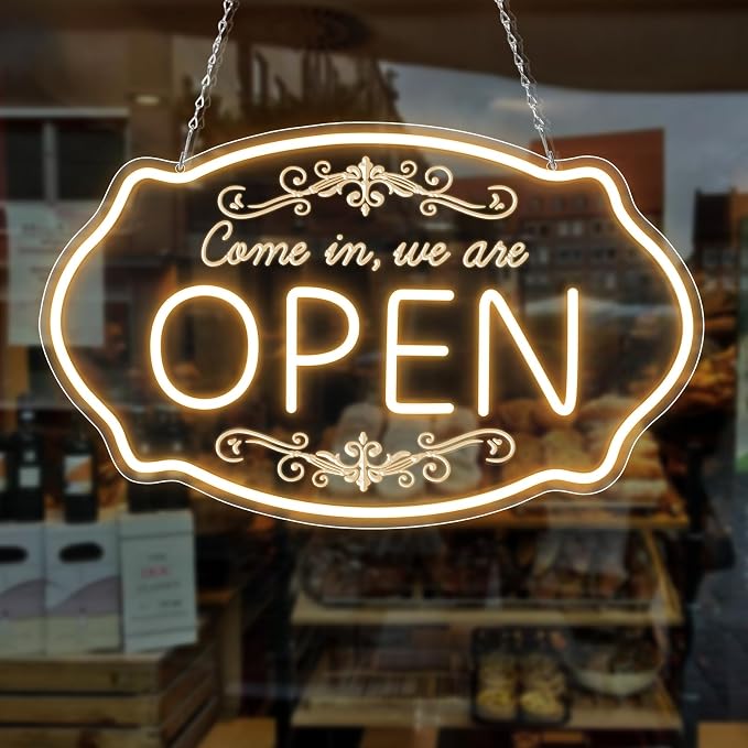 WE ARE OPEN COME IN LED Silicone Neon Sign – 16.5×10 Inch (42×25 cm) | 5V USB Powered Warm White Dimmable Light with Horizontal & Vertical Style for Storefront Window & Business Decor
