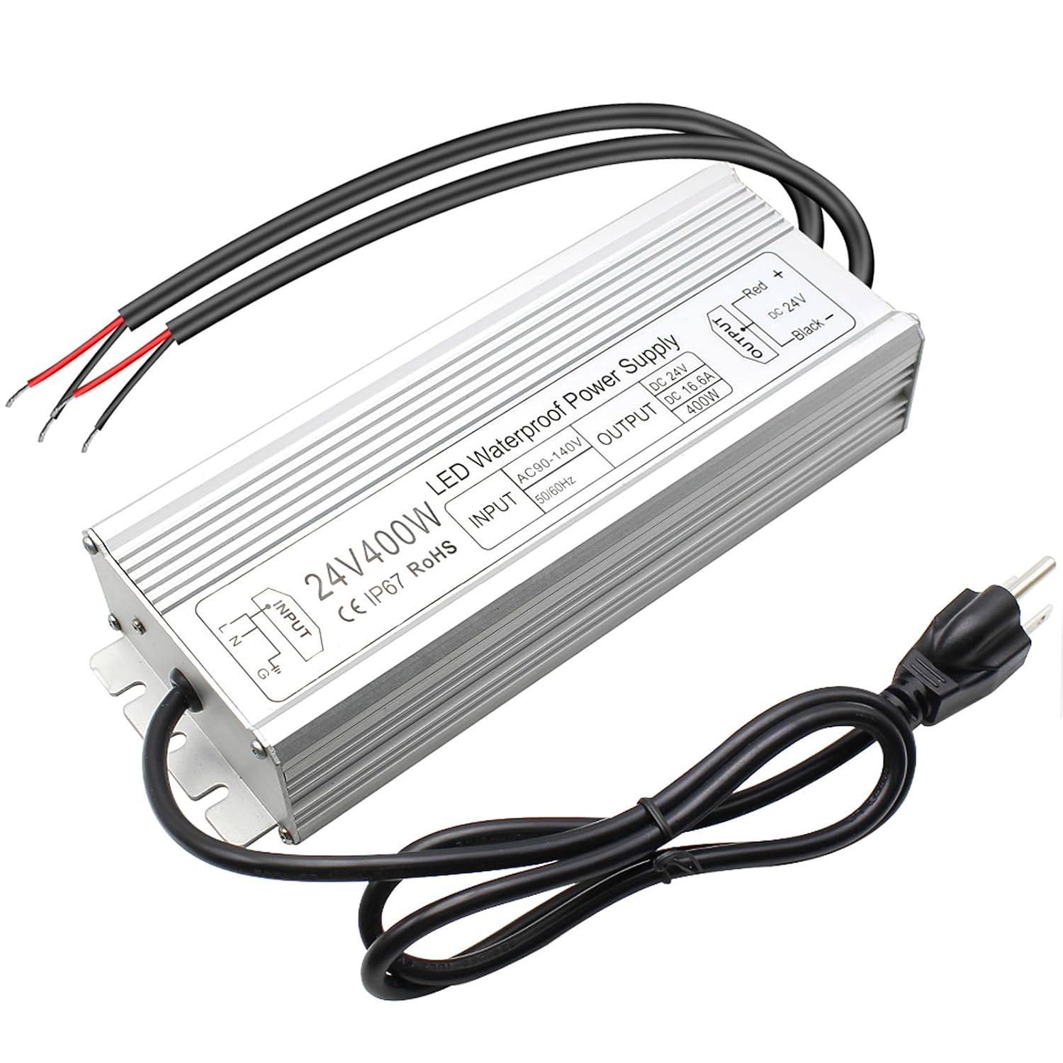 24V Waterproof LED Driver, 175–265V Input, 200W–500W, Single/Dual Wire Output, Outdoor Power Adapter, CE/RoHS/FCC — UK/EU Plug & Wire Leads Options