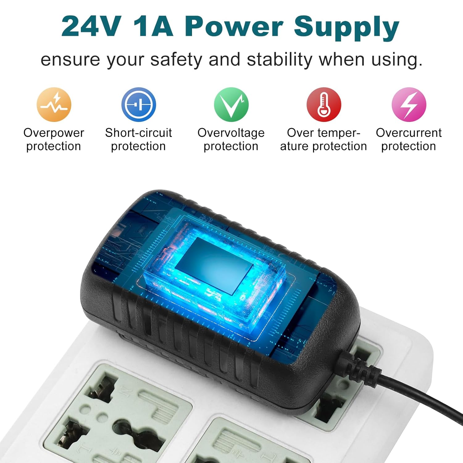 DC 24V Power Adapter 24W, AC 100–240V to 24V Wall Plug Switching Power Supply with US Plug, Black Case