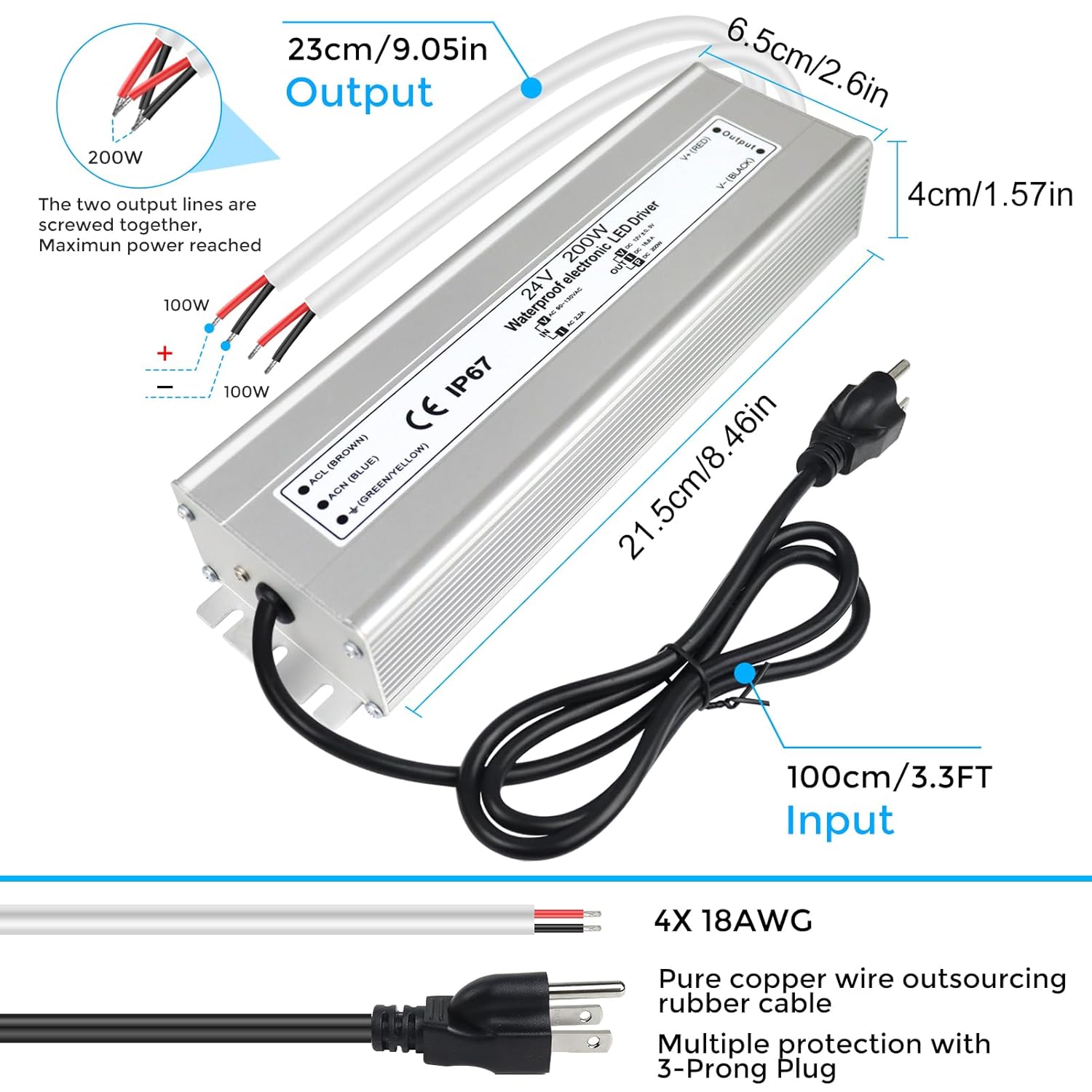 24V Waterproof LED Transformer, 90–140V Input, 200W–500W, Single/Dual Wire Output, CE/RoHS/FCC — US Plug & Wire Leads, Outdoor Lighting Adapter