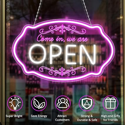 Come in We’re Open Silicone Neon Signs – Pink + White Glow | 16.5 × 10 inch | Window Hanging Business Sign | Plug & Play