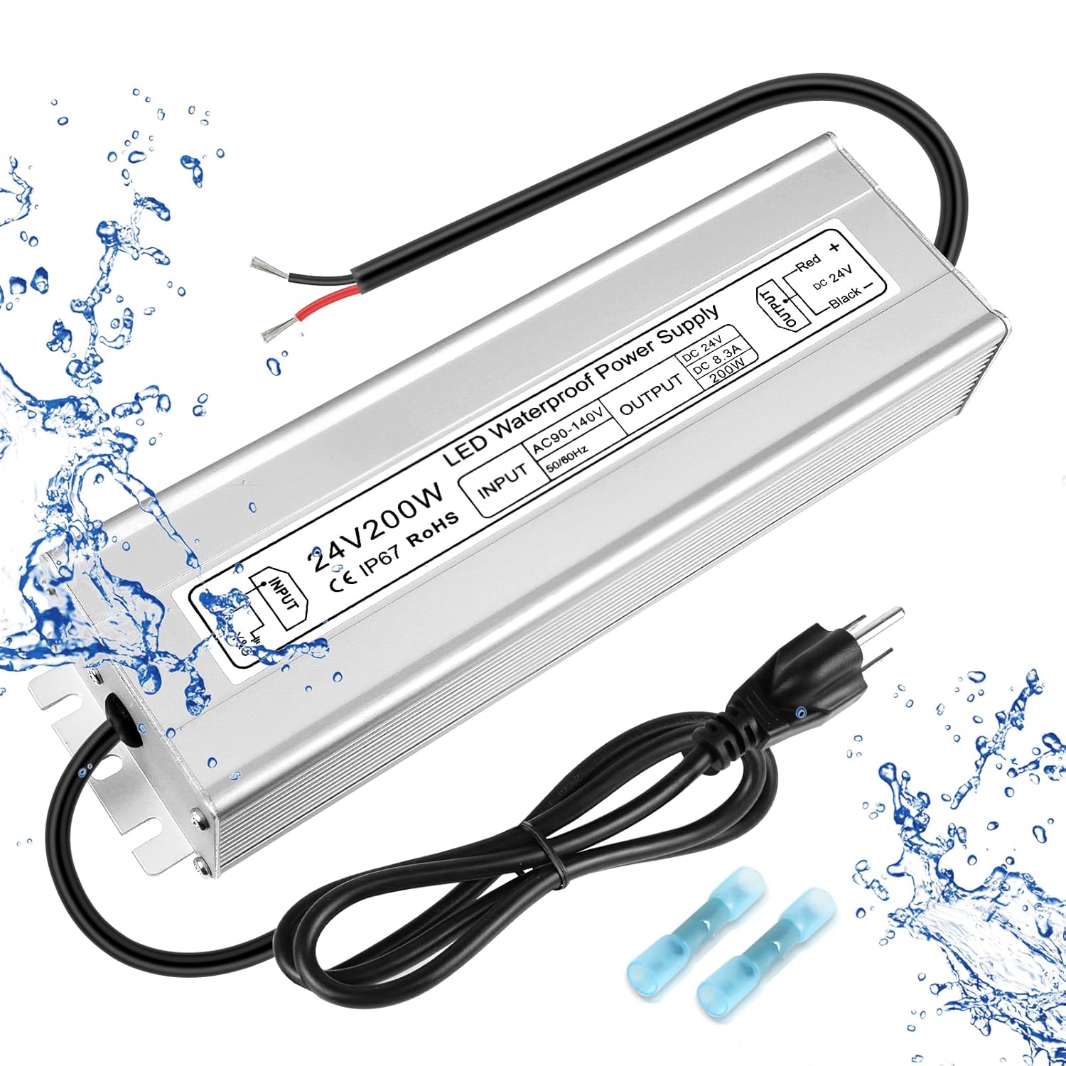 24V Waterproof LED Driver, 175–265V Input, 200W–500W, Single/Dual Wire Output, Outdoor Power Adapter, CE/RoHS/FCC — UK/EU Plug & Wire Leads Options