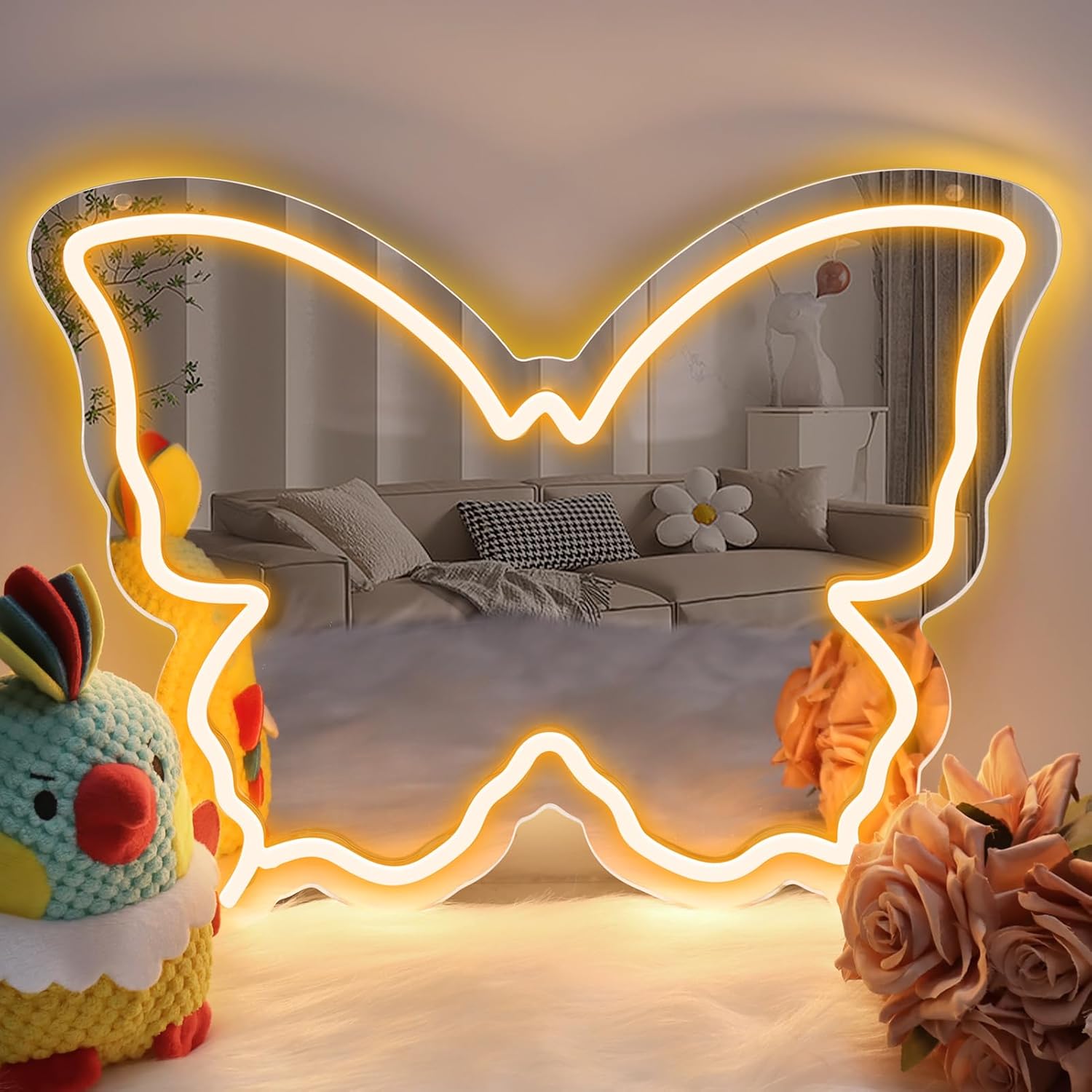 Butterfly Mirror Vanity Sign – 15.7×12 inch | Blue/Ice Blue/Pink/Purple/Warm White Neon Outline | USB Powered | Perfect for Vanity Decor
