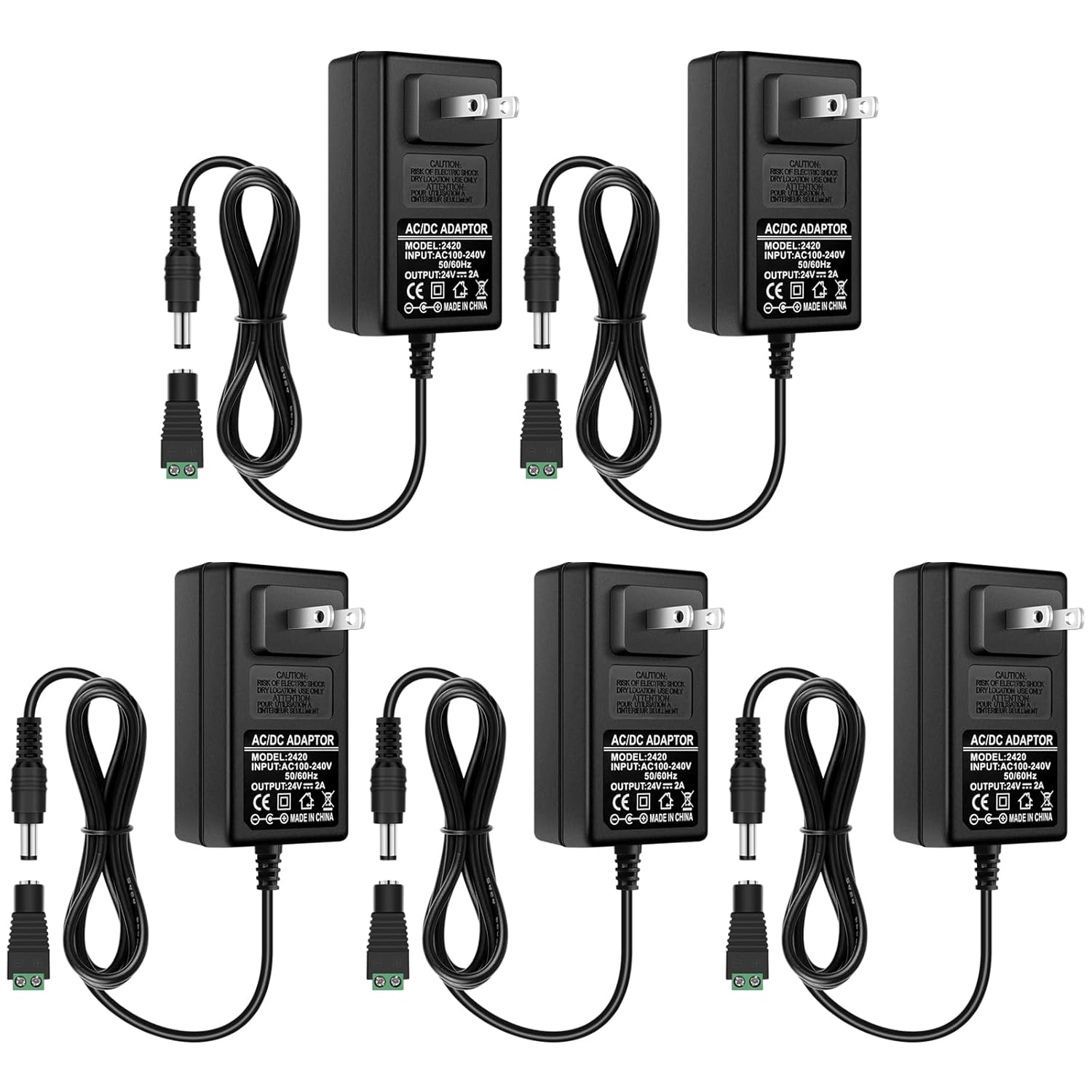 DC 24V Power Supply Adapter 48W–72W, AC 100–240V to 24V Switching Transformer, LED Driver Wall Plug Charger with US Plug, Black Case