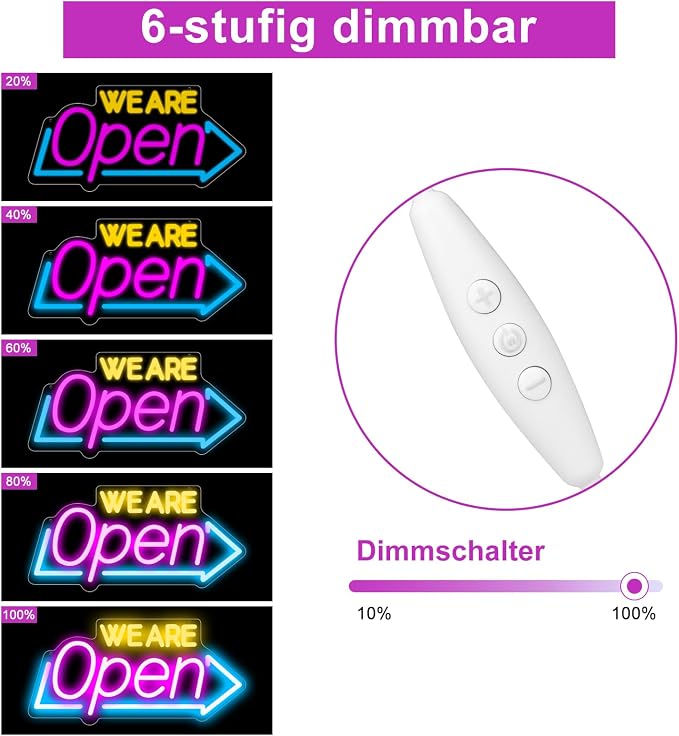 Enseigne néon « Ouvert » avec décor tournesol – Version USB | Blanc chaud / Jaune et blanc | 43 x 23 cm / 61 x 33 cm | Éclairage LED DC 5 V pour vitrine d'entreprise