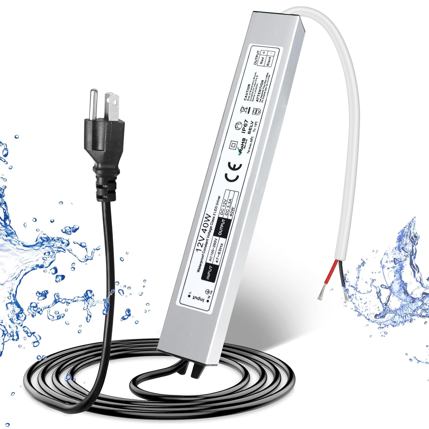 12V Waterproof LED Power Supply 30W–300W, 90–265V Input, Single/Dual Wire Output, Outdoor LED Driver, CE/RoHS/FCC —US/UK/EU Plug & Wire Leads Options