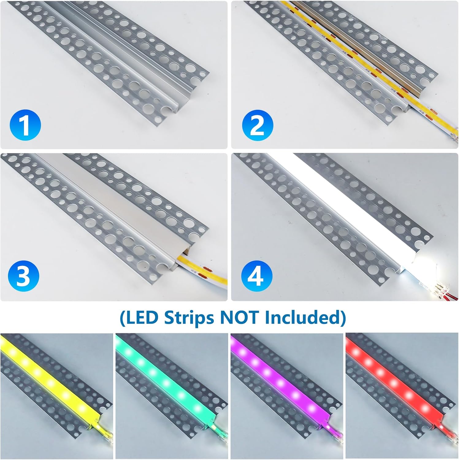 Double-Sided Plaster-in Drywall  LED Aluminum Channels– Fit for 1 to 16mm LED Strip | 1Meter | Silver | Milky White Cover | 4 / 6 / 10 -Pack | Local Stock US/UK
