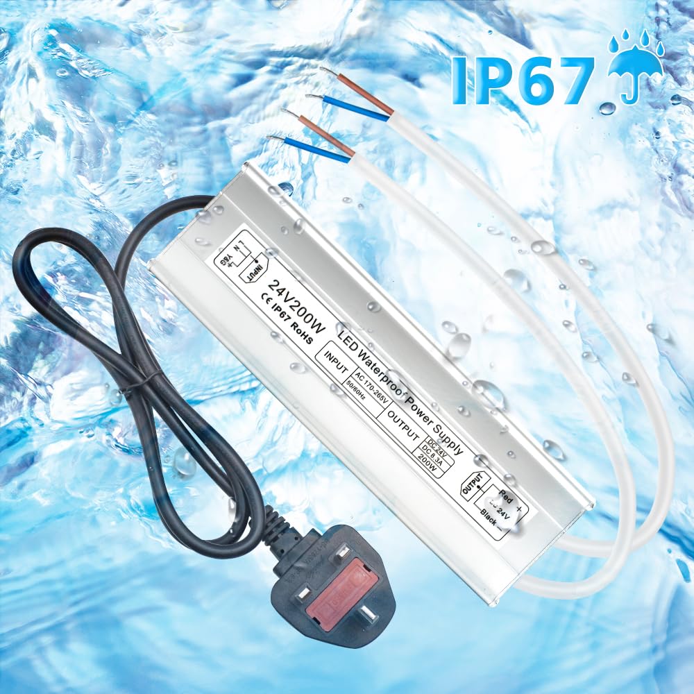 24V Waterproof LED Driver, 175–265V Input, 200W–500W, Single/Dual Wire Output, Outdoor Power Adapter, CE/RoHS/FCC — UK/EU Plug & Wire Leads Options