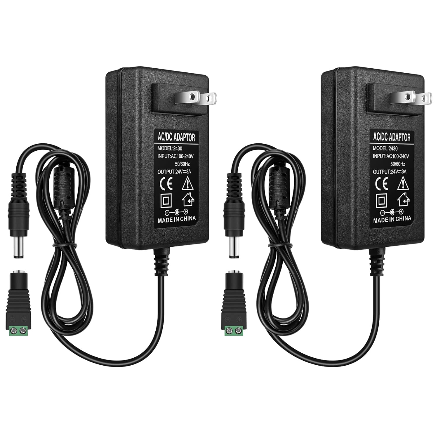 DC 24V Power Supply Adapter 48W–72W, AC 100–240V to 24V Switching Transformer, LED Driver Wall Plug Charger with US Plug, Black Case
