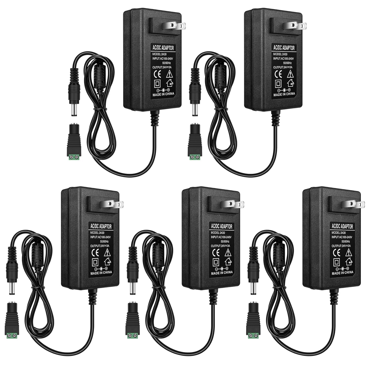 DC 24V Power Supply Adapter 48W–72W, AC 100–240V to 24V Switching Transformer, LED Driver Wall Plug Charger with US Plug, Black Case