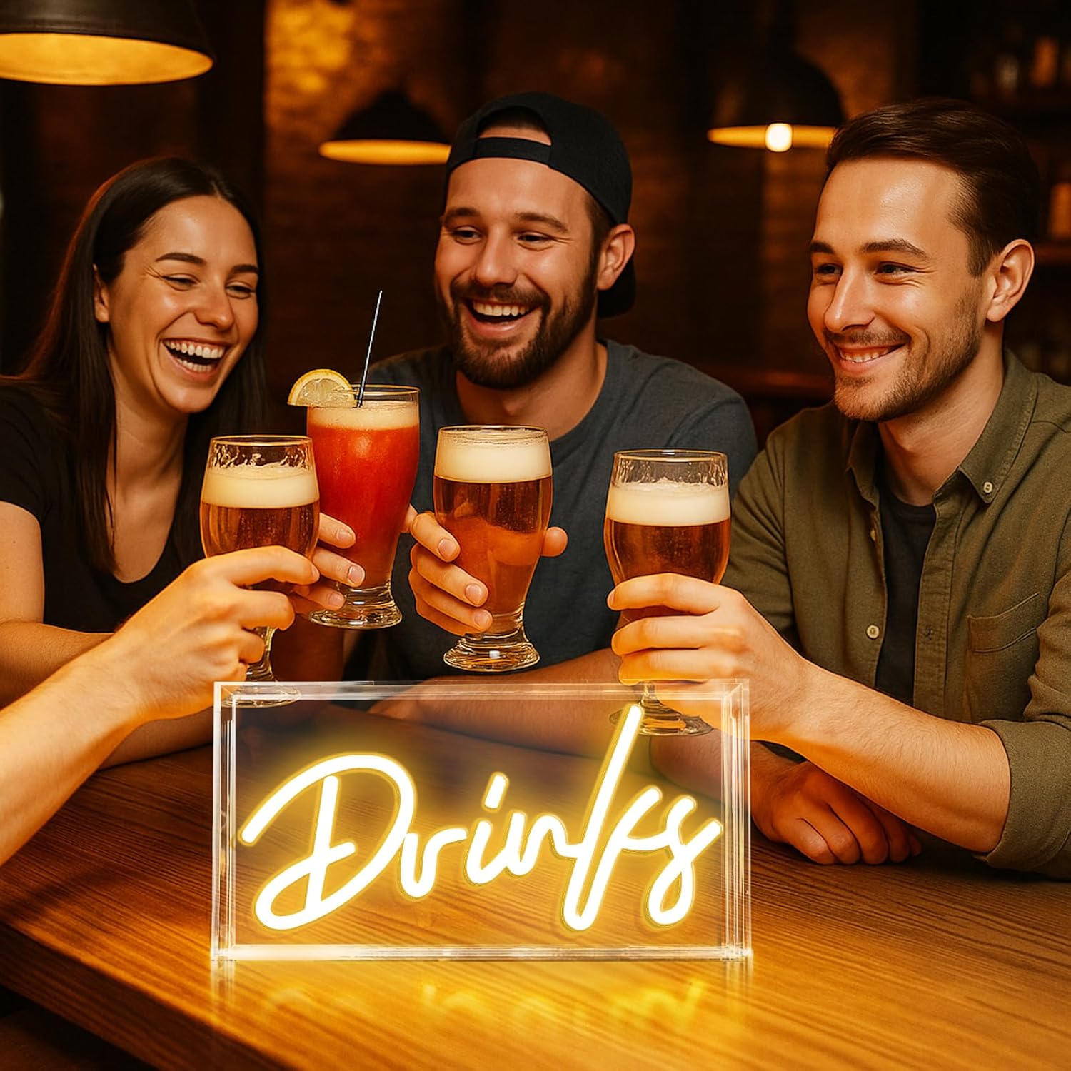 DRINKS Desk Lightbox Sign – Rectangular 12x6 inch | Warm White/ Pink | USB Powered | Tabletop Display | For Table Decor, Home Bar, Kitchen, Club, Pub, Restaurant Wall Decor & Bar Cart Accessories