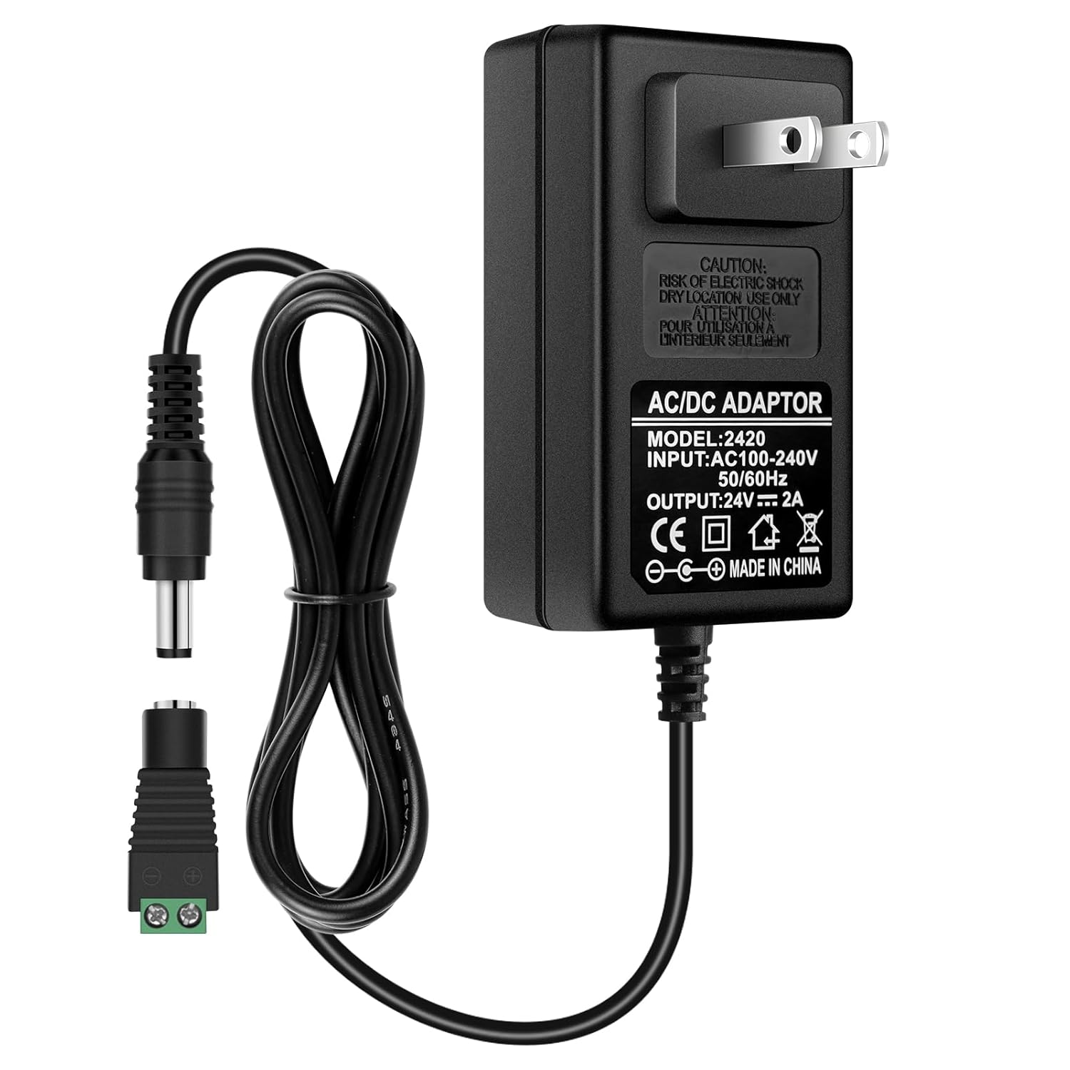 DC 24V Power Supply Adapter 48W–72W, AC 100–240V to 24V Switching Transformer, LED Driver Wall Plug Charger with US Plug, Black Case