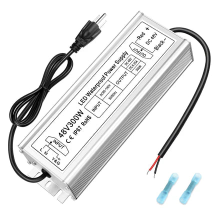 48V LED Power Supply, 175–265V Input, 100W–400W, Constant Voltage Transformer, IP67 Waterproof SMPS, CE/RoHS/FCC — UK/EU Plug & Wire Leads Options