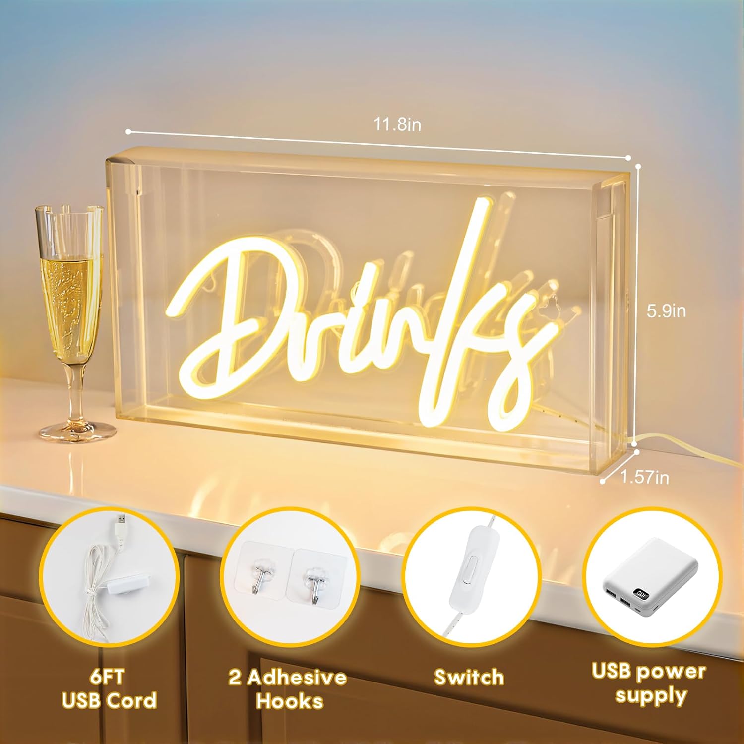 DRINKS Desk Lightbox Sign – Rectangular 12x6 inch | Warm White/ Pink | USB Powered | Tabletop Display | For Table Decor, Home Bar, Kitchen, Club, Pub, Restaurant Wall Decor & Bar Cart Accessories