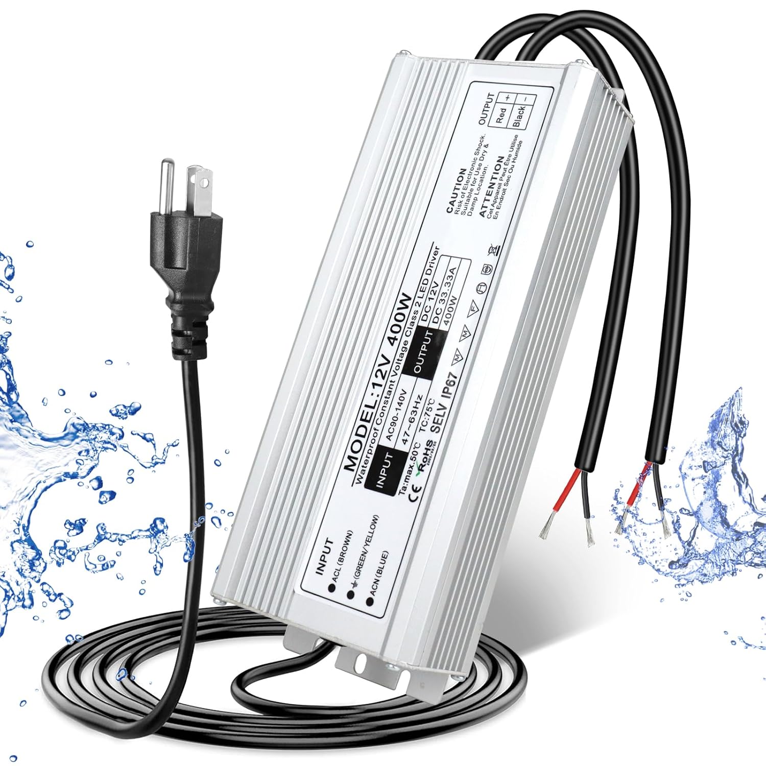 12V Waterproof LED Transformer, 90–140V Input, 200W–500W, Single/Dual Wire Output, CE/RoHS/FCC — US Plug & Wire Leads Options
