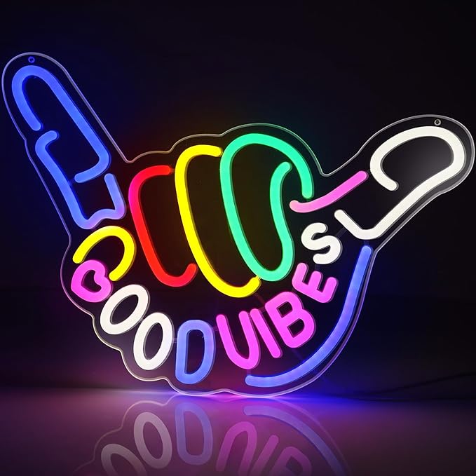 Good Vibes LED Sign – Shaka Hand Sign | 17×13 inch | USB Neon Light for Wall Decor | Hanging | Ideal for Bedroom, Dorm, Lounge, Party