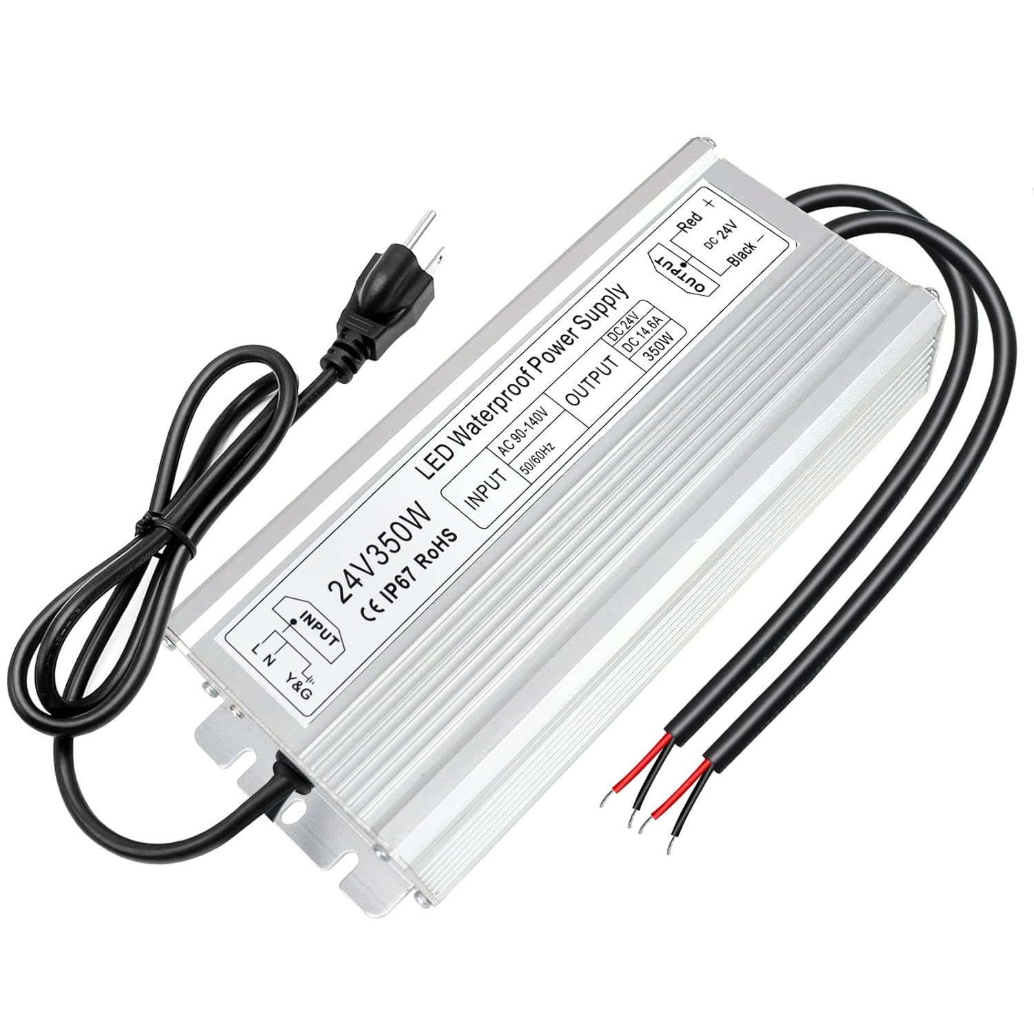 24V Waterproof LED Transformer, 90–140V Input, 200W–500W, Single/Dual Wire Output, CE/RoHS/FCC — US Plug & Wire Leads, Outdoor Lighting Adapter