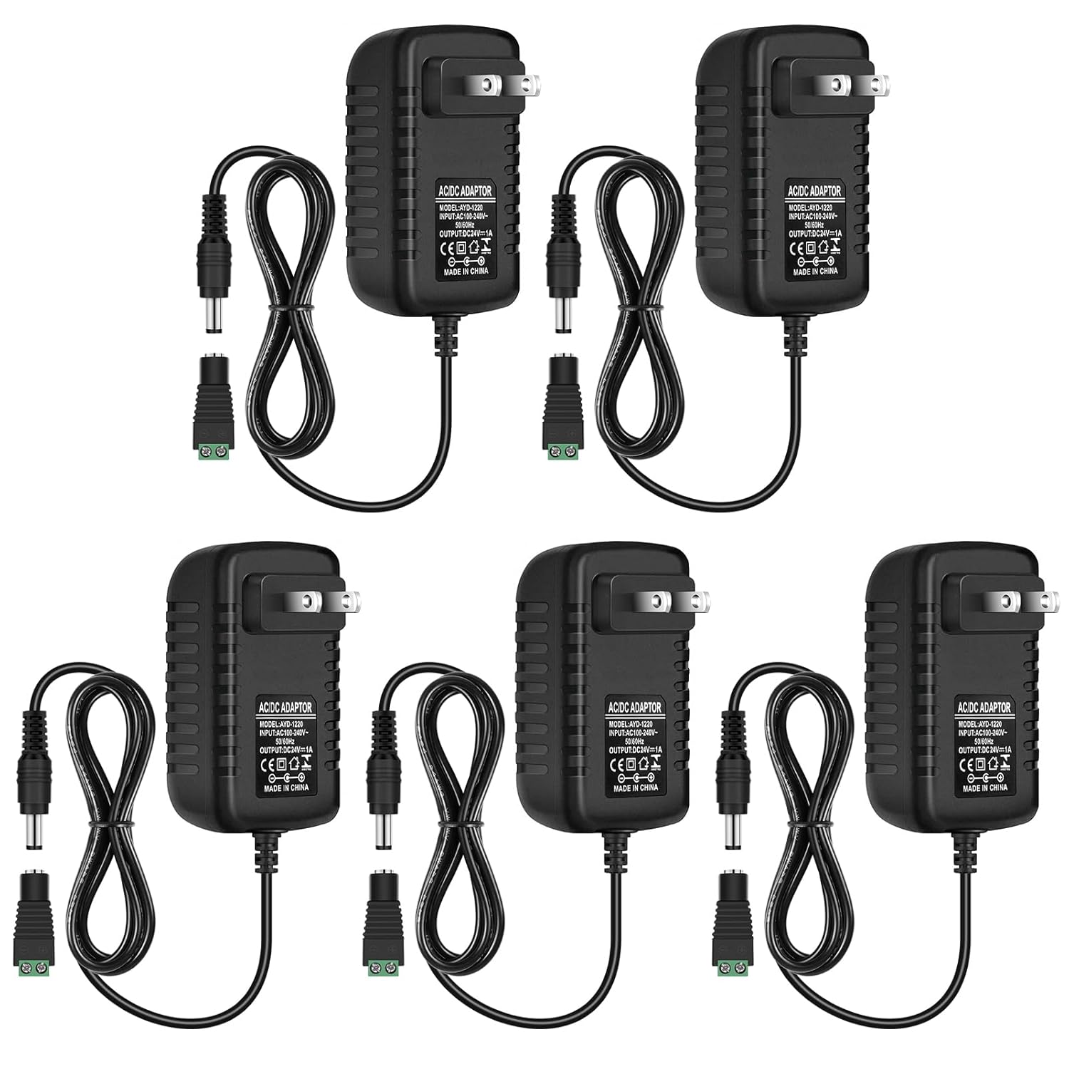 DC 24V Power Adapter 24W, AC 100–240V to 24V Wall Plug Switching Power Supply with US Plug, Black Case