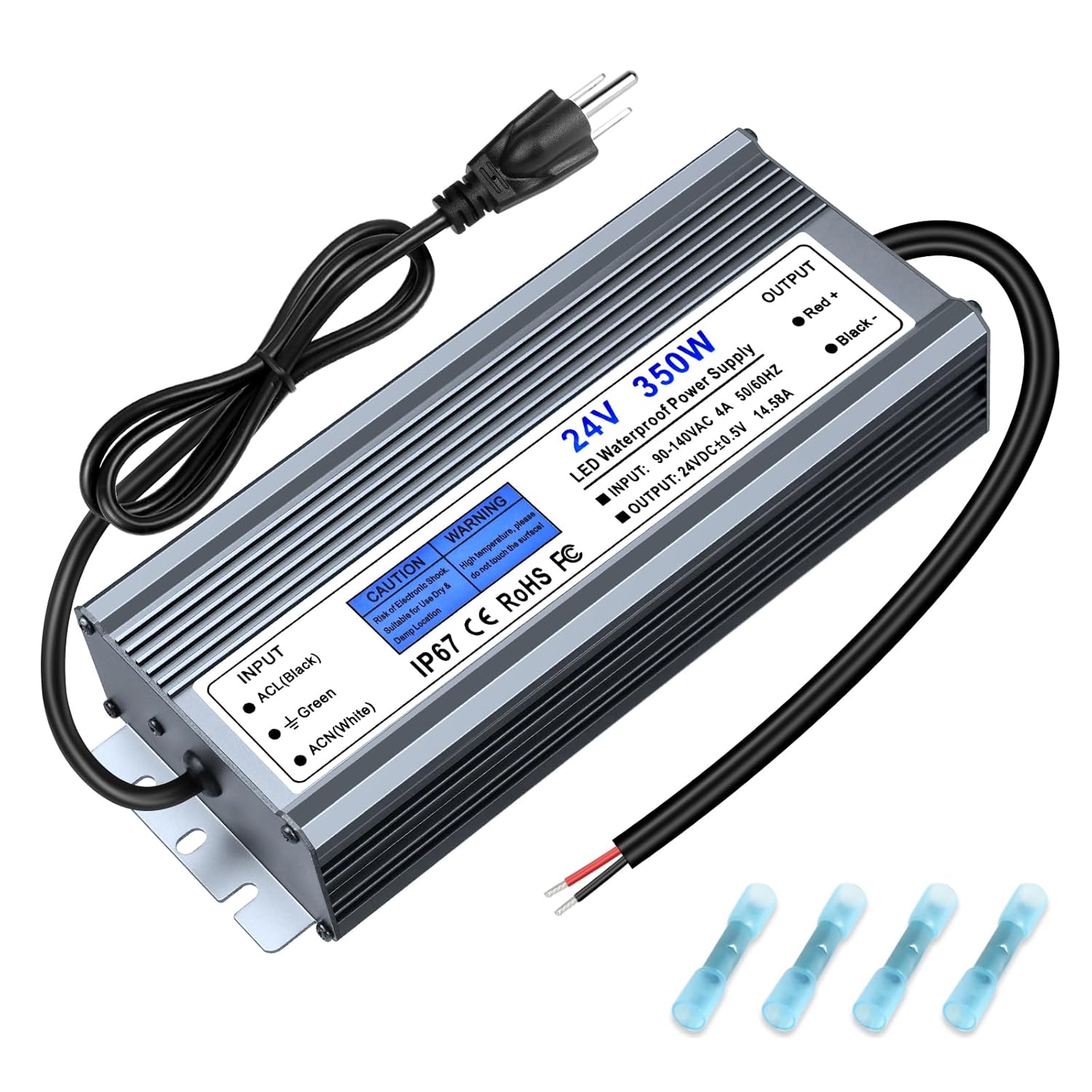 24V Waterproof LED Driver, 175–265V Input, 200W–500W, Single/Dual Wire Output, Outdoor Power Adapter, CE/RoHS/FCC — UK/EU Plug & Wire Leads Options