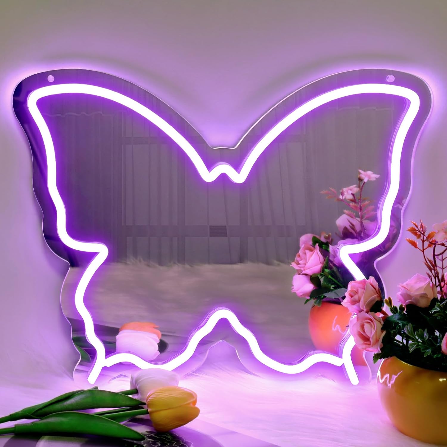 Butterfly Mirror Vanity Sign – 15.7×12 inch | Blue/Ice Blue/Pink/Purple/Warm White Neon Outline | USB Powered | Perfect for Vanity Decor