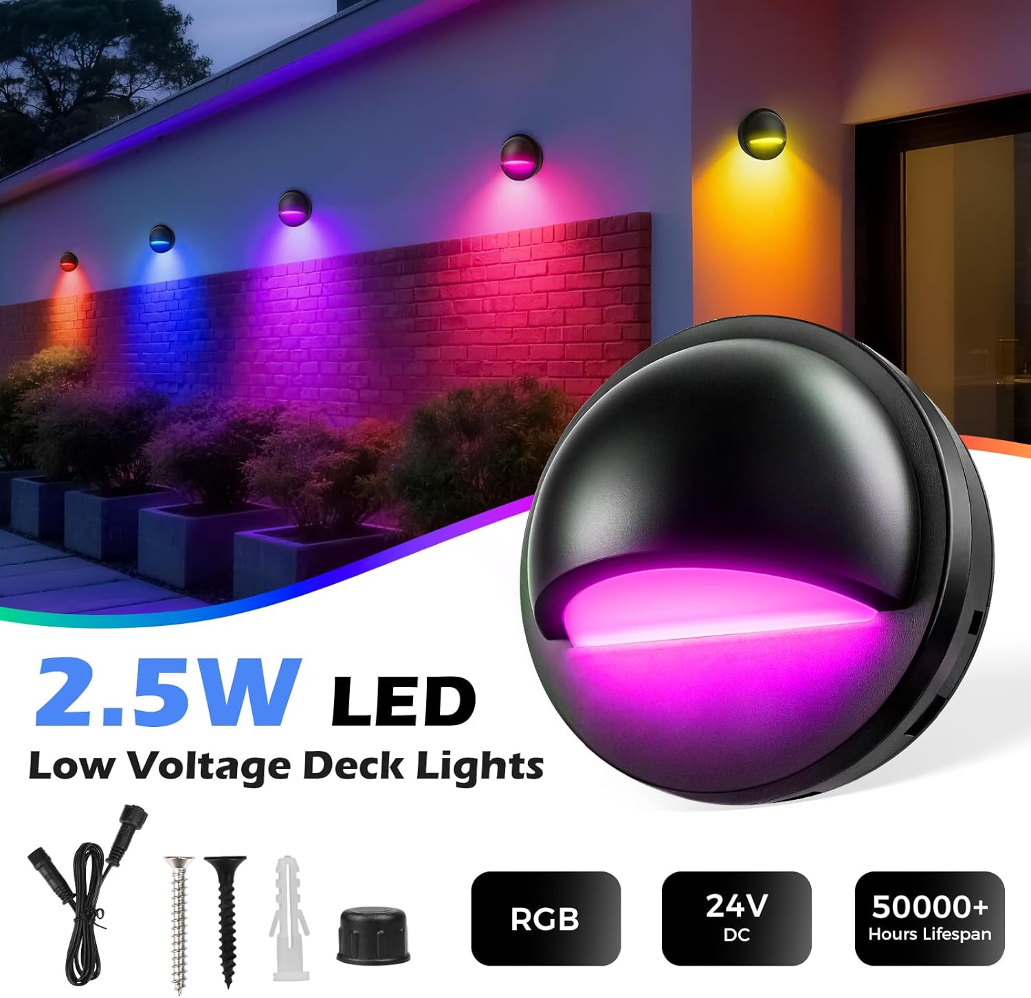 Low Voltage LED Deck Lights Kit - 6 / 8 Pack Fence Lights with Transformer Photocell Sensor | RGBW | IP67 Waterproof | Outdoor Lights for Walkway Stair Post Railing