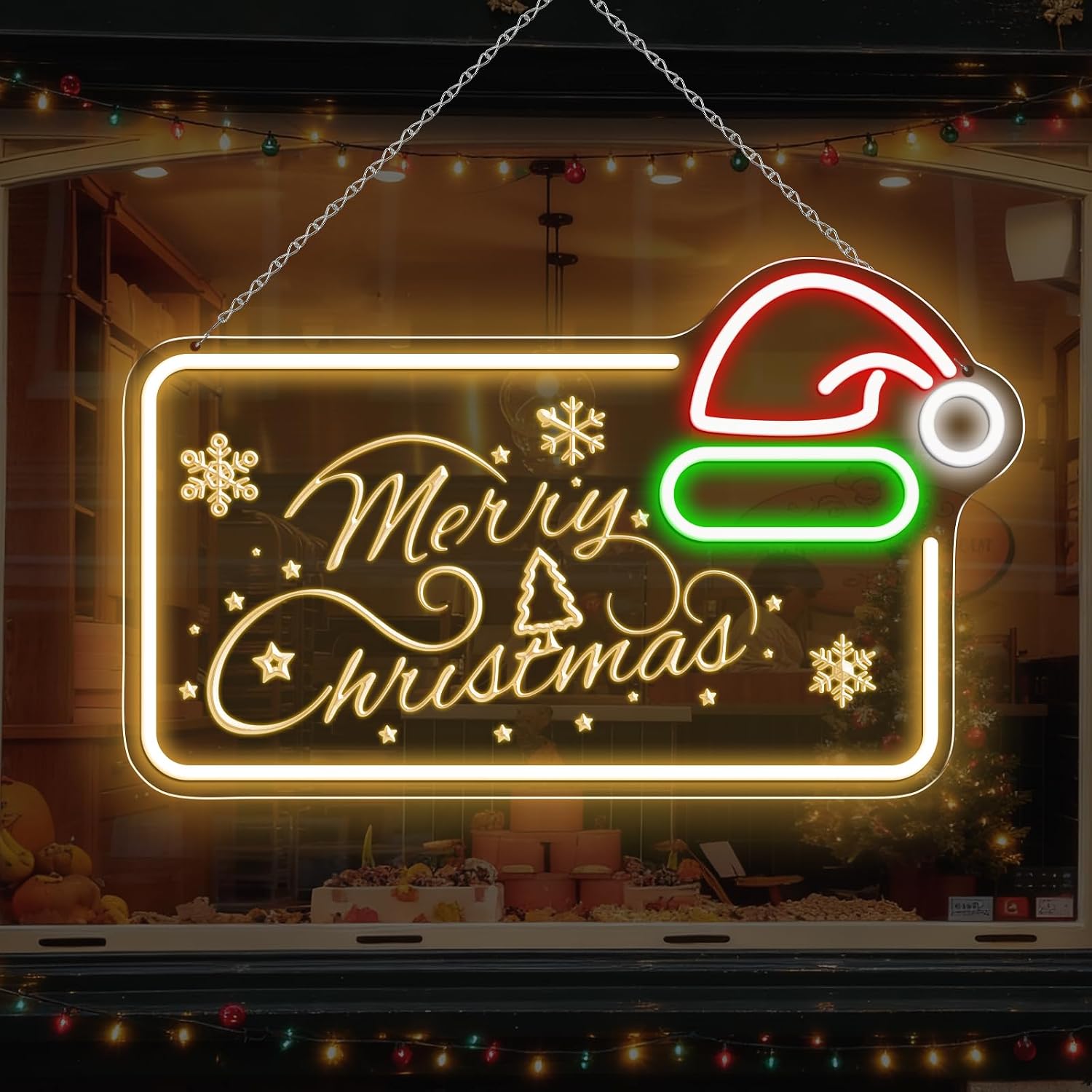 Good Vibes LED Sign – MERRY CHRISTMAS Silicone Neon Sign with Santa Hat – 16.5×10 Inch Yellow, Red, Green & White Glow Neon Lamp with Accessories Included | Hanging Holiday Decor for Christmas Party, Bedroom & Home Spaces