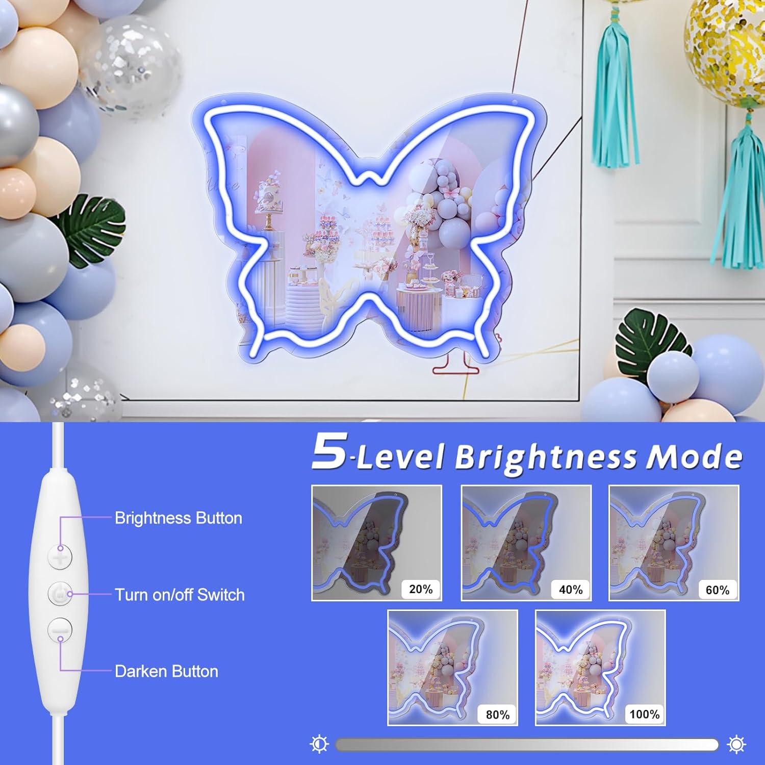 Butterfly Mirror Vanity Sign – 15.7×12 inch | Blue/Ice Blue/Pink/Purple/Warm White Neon Outline | USB Powered | Perfect for Vanity Decor