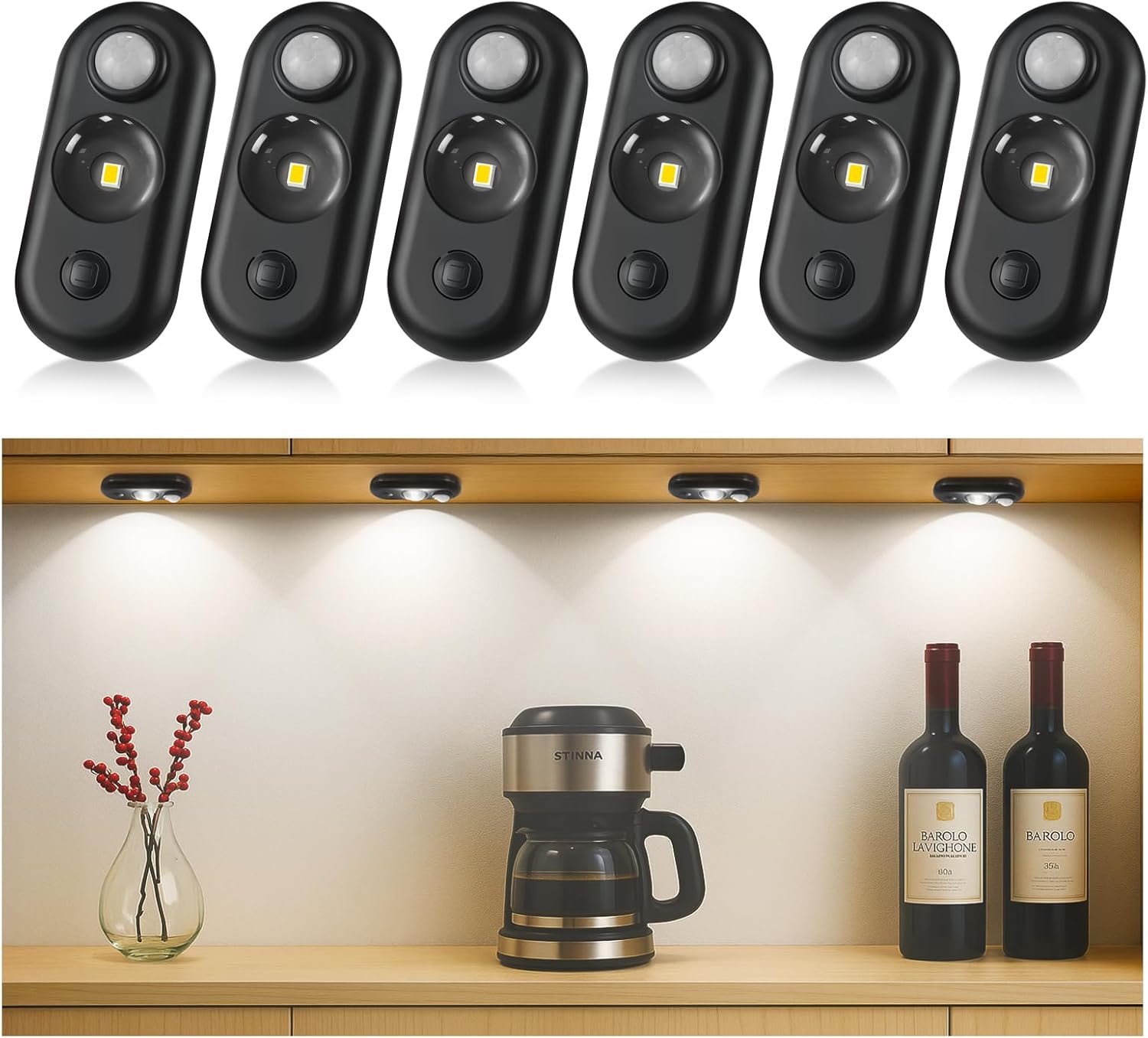 4/6 Pack Rechargeable Oval LED Closet Light | Motion Sensor, Tap Switch, Dimmable | Warm / Daylight White | Black / White Finish | Magnetic Mounting for Closets & Cabinets