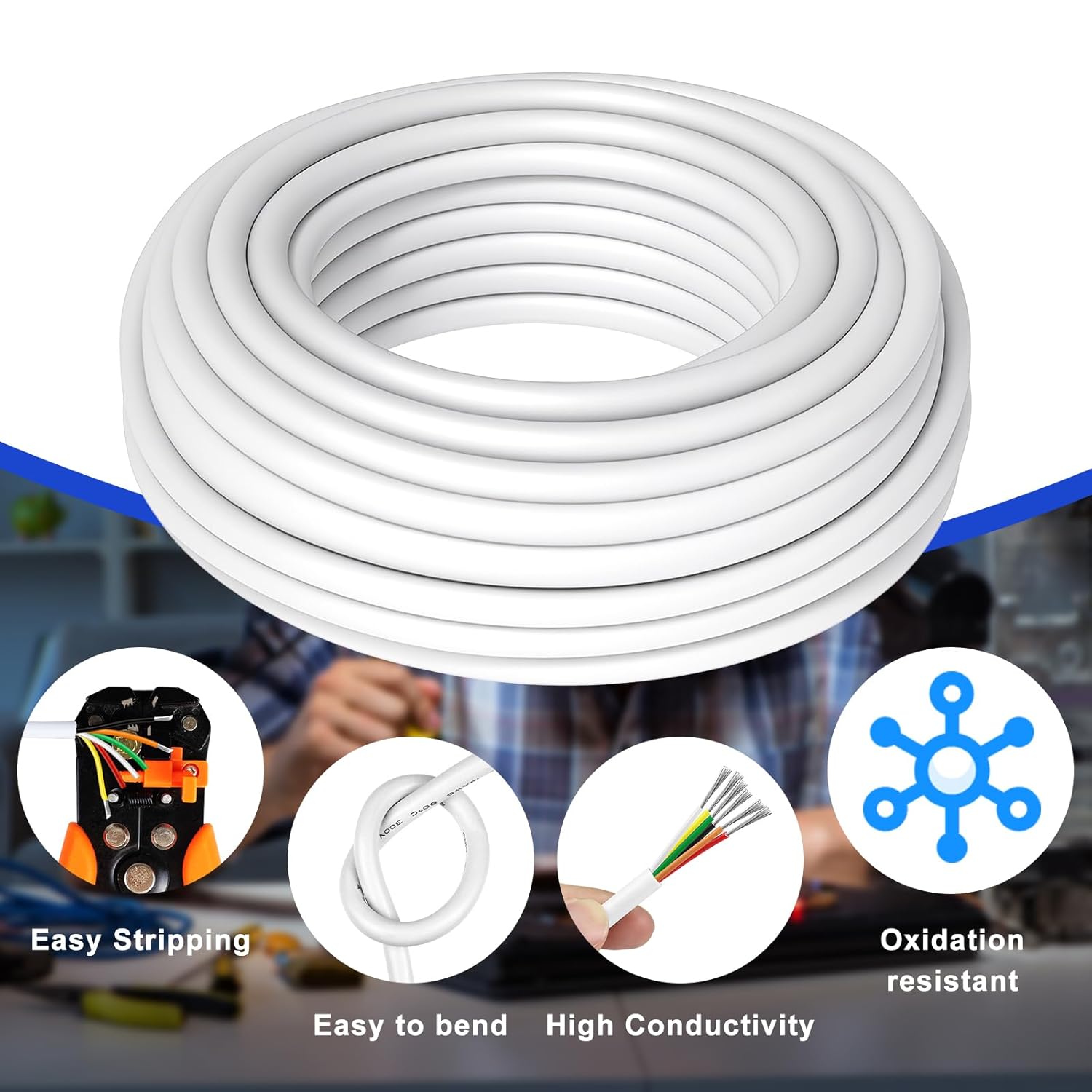 18 AWG Electrical Wire, 6/7/8 Conductor Stranded Tinned Copper Multi-Core Cable, Black/White PVC Flexible Control Extension Cord — 10/20/50m (33ft–165ft) Options