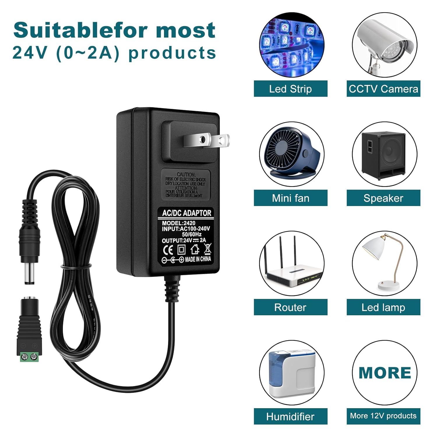 DC 24V Power Supply Adapter 48W–72W, AC 100–240V to 24V Switching Transformer, LED Driver Wall Plug Charger with US Plug, Black Case
