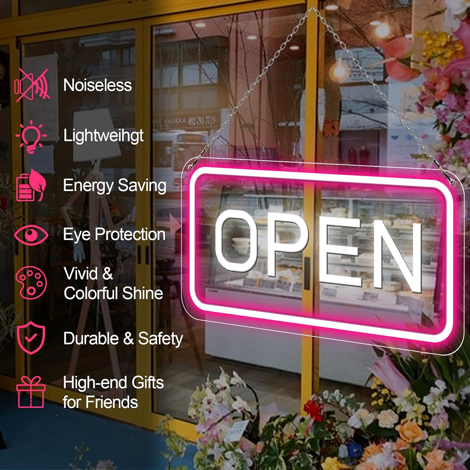 OPEN COB LED Sign – 22.8×11.8 Inch | 12V Powered Pink & White Glow Light | Horizontal & Vertical Style with US Plug for Storefront & Business Decor