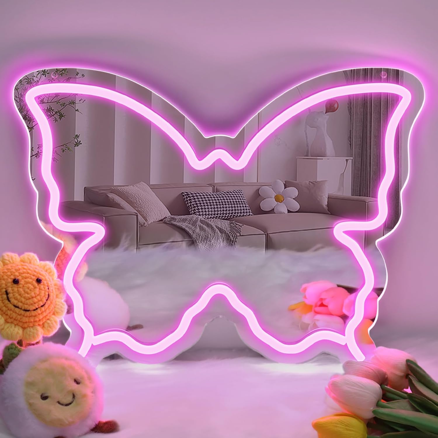 Butterfly Mirror Vanity Sign – 15.7×12 inch | Blue/Ice Blue/Pink/Purple/Warm White Neon Outline | USB Powered | Perfect for Vanity Decor