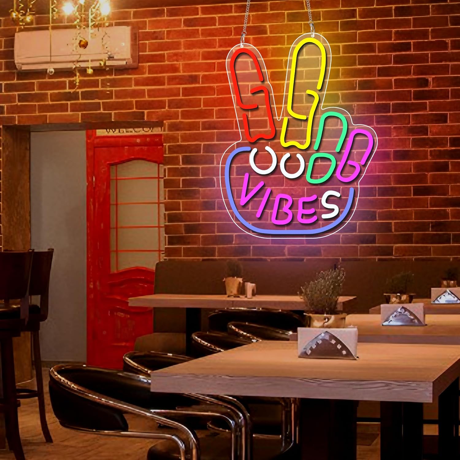 Good Vibes LED Sign – Peace Hand Sign | 17×13 inch | USB Neon Light for Wall Decor | Hanging | Ideal for Bedroom, Dorm, Lounge, Party Mood Lighting