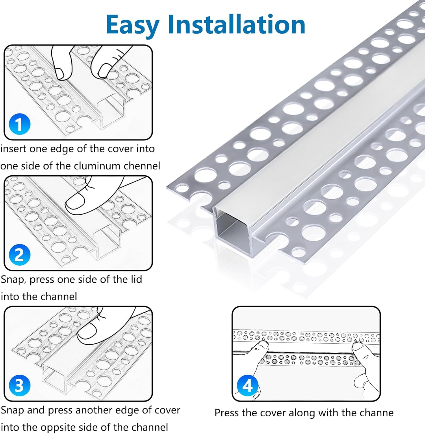 Double-Sided Plaster-in Drywall  LED Aluminum Channels– Fit for 1 to 16mm LED Strip | 1Meter | Silver | Milky White Cover | 4 / 6 / 10 -Pack | Local Stock US/UK