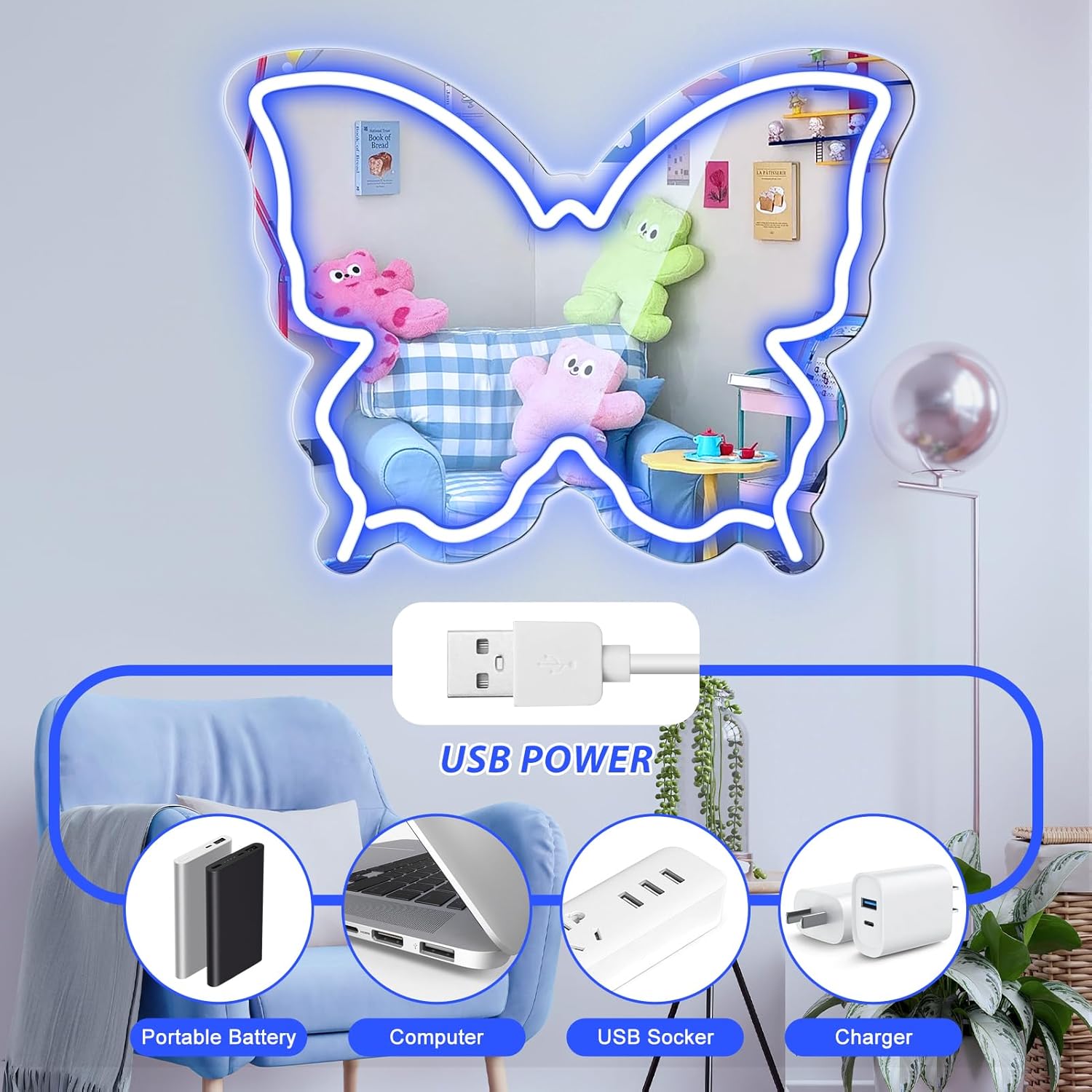 Butterfly Mirror Vanity Sign – 15.7×12 inch | Blue/Ice Blue/Pink/Purple/Warm White Neon Outline | USB Powered | Perfect for Vanity Decor