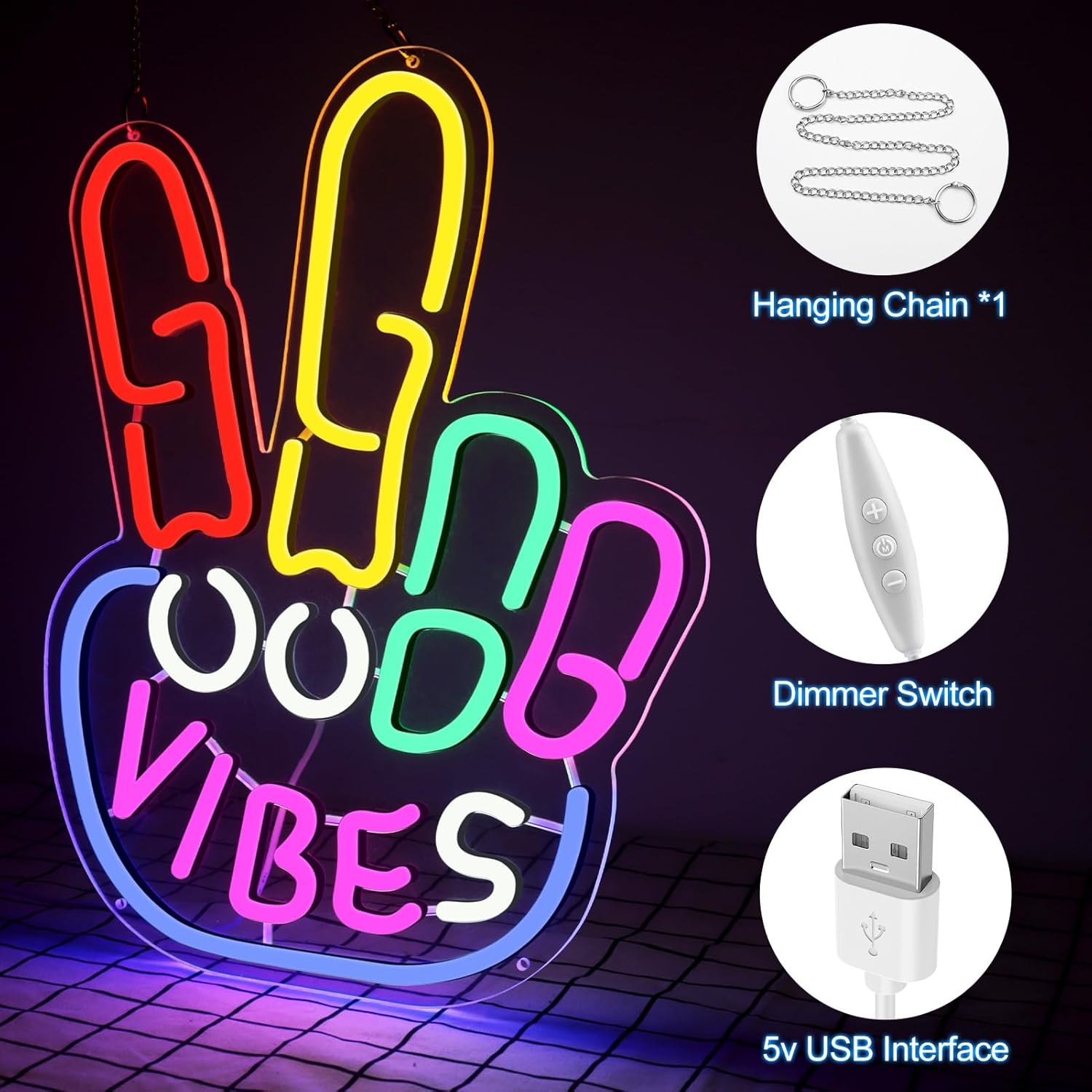Good Vibes LED Sign – Peace Hand Sign | 17×13 inch | USB Neon Light for Wall Decor | Hanging | Ideal for Bedroom, Dorm, Lounge, Party Mood Lighting