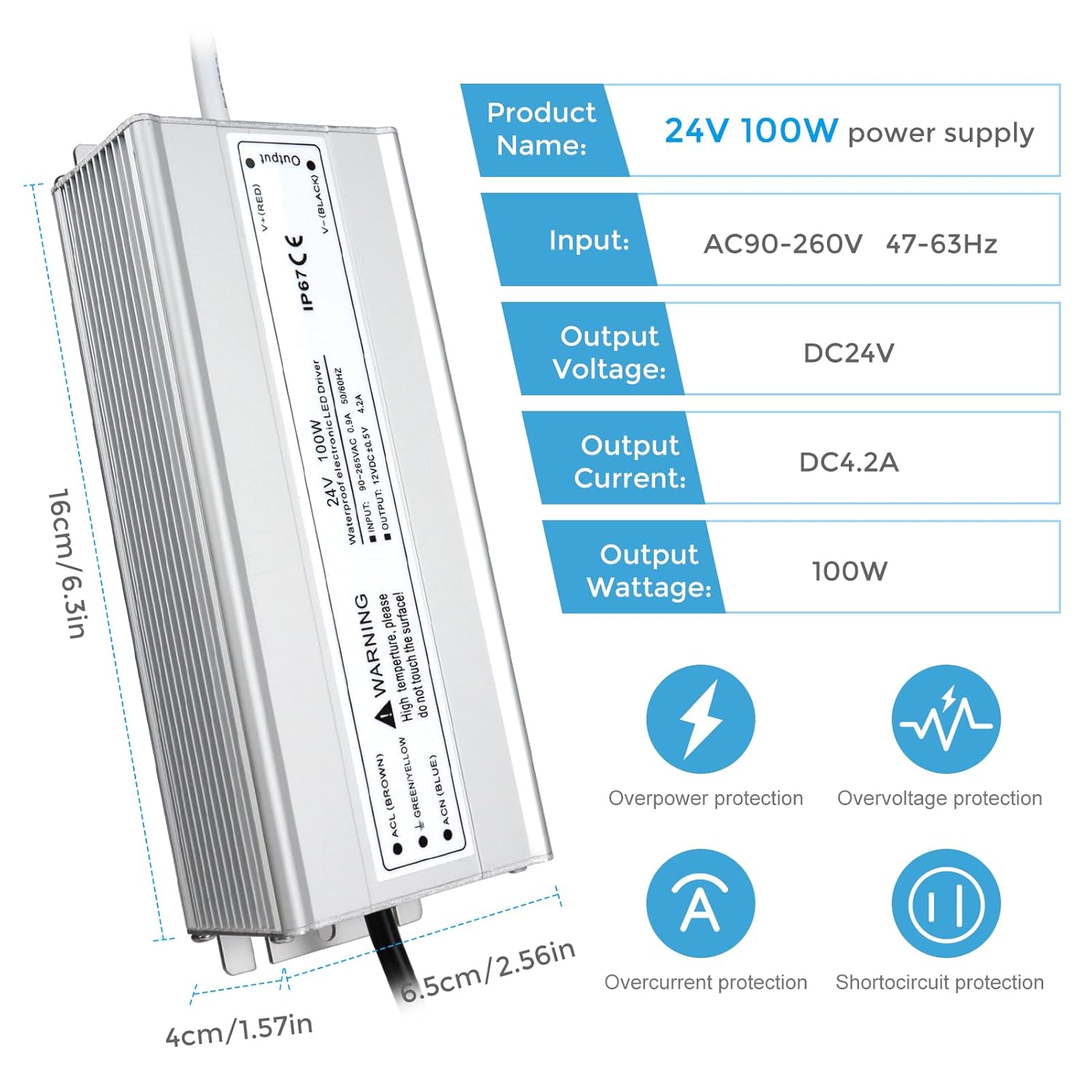 24V Waterproof LED Power Supply 30W–300W, 90–265V Input, Single/Dual Wire Output, Outdoor LED Driver, CE/RoHS/FCC — US/UK/EU Plug & Wire Leads Options