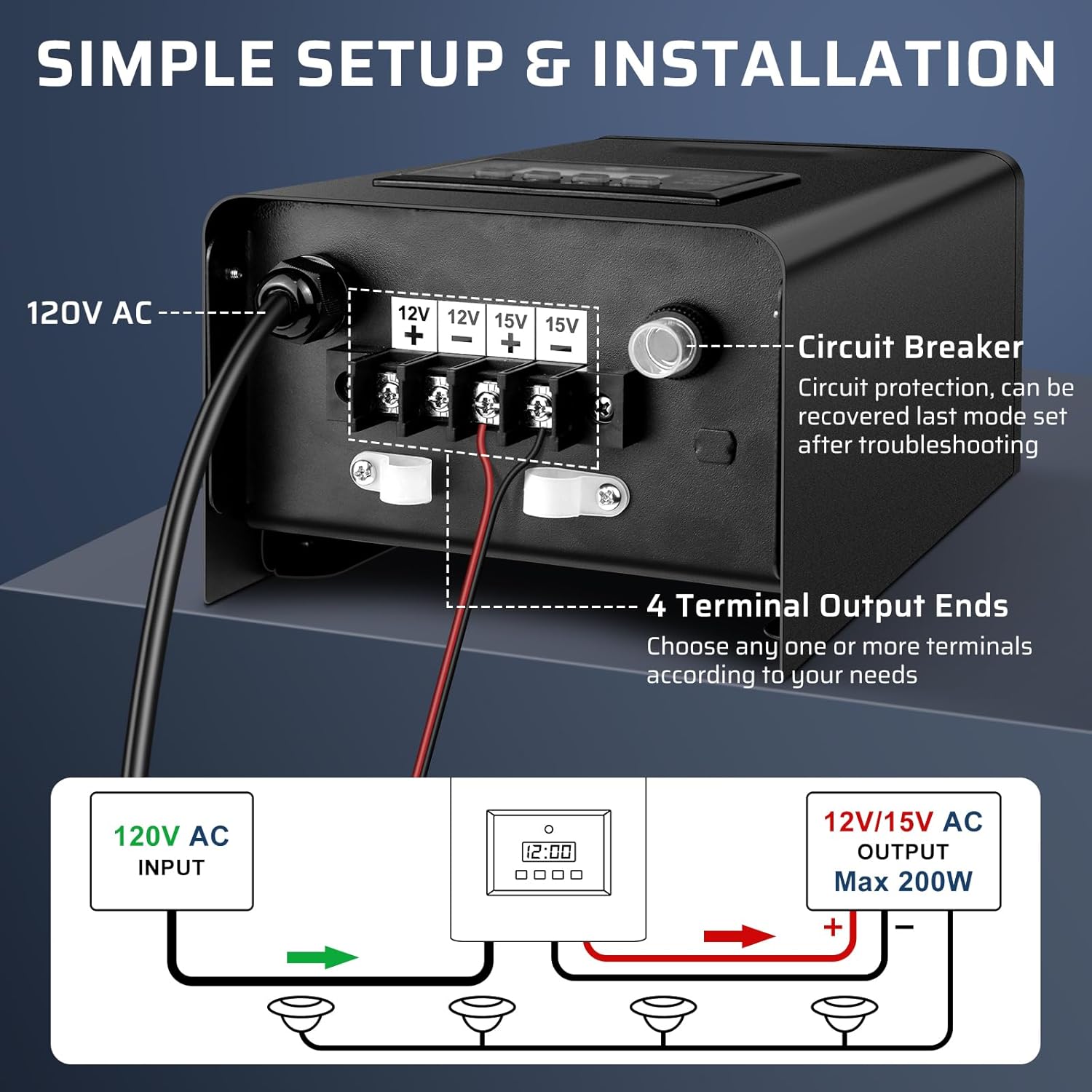 200W / 250W Outdoor Low Voltage Lighting Transformer, Weatherproof 120V AC to 12V/15V AC Power Supply with Timer & Photocell for Yard & Garden Lights