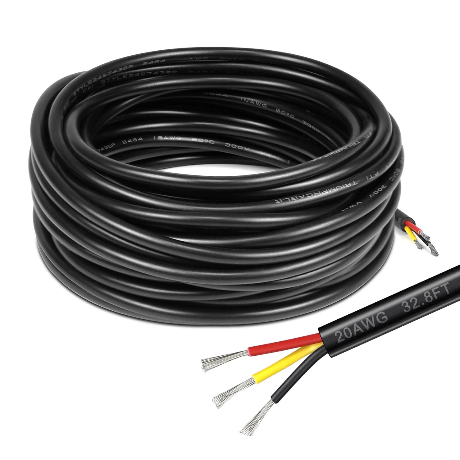 20 AWG Electrical Cable, 2/3/4/5 Conductor Stranded Tinned Copper Wire, Black/White PVC Sheathed Flexible Extension Cord for DIY Wiring, 10/20/50m (33ft–165ft) Options