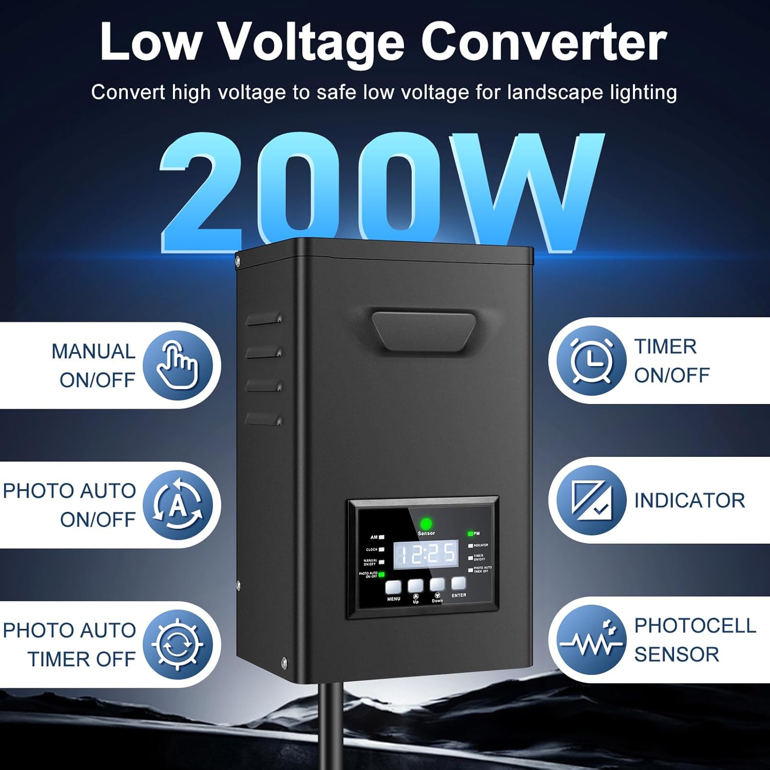 200W / 250W Outdoor Low Voltage Lighting Transformer, Weatherproof 120V AC to 12V/15V AC Power Supply with Timer & Photocell for Yard & Garden Lights